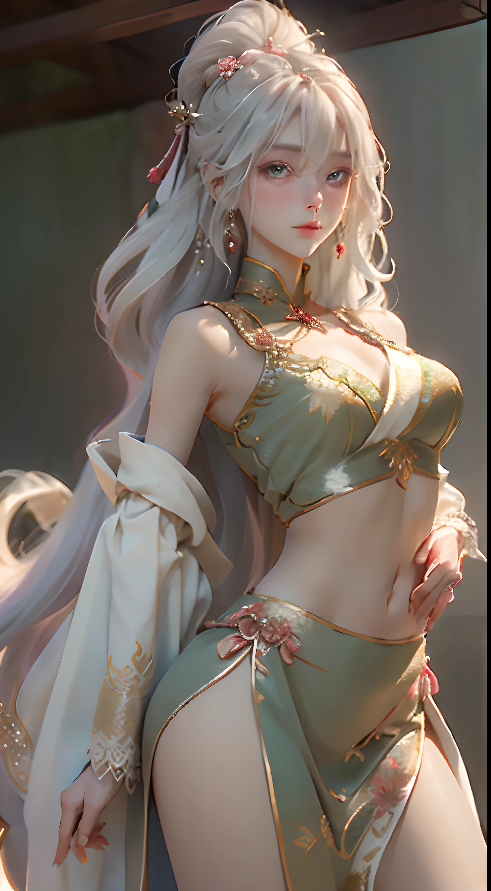 woman,Long legs,Skirt that wraps hips,The legs are thin,The top is white translucent,Exposed milk,Open navel,Big long hair,