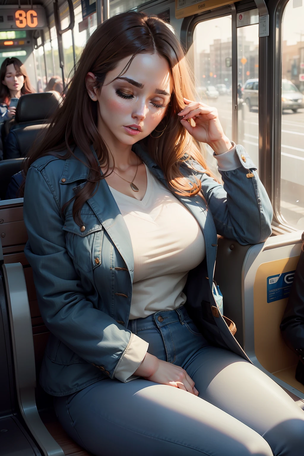 1 beautiful, adult woman, large body, brown hair, outlined eyelids, made-up eyelids, made-up face, blue jacket, closed jacket, neckline, blue jeans, cream handbag, sleeping sitting on the bus, mouth wide open, eyes closed.