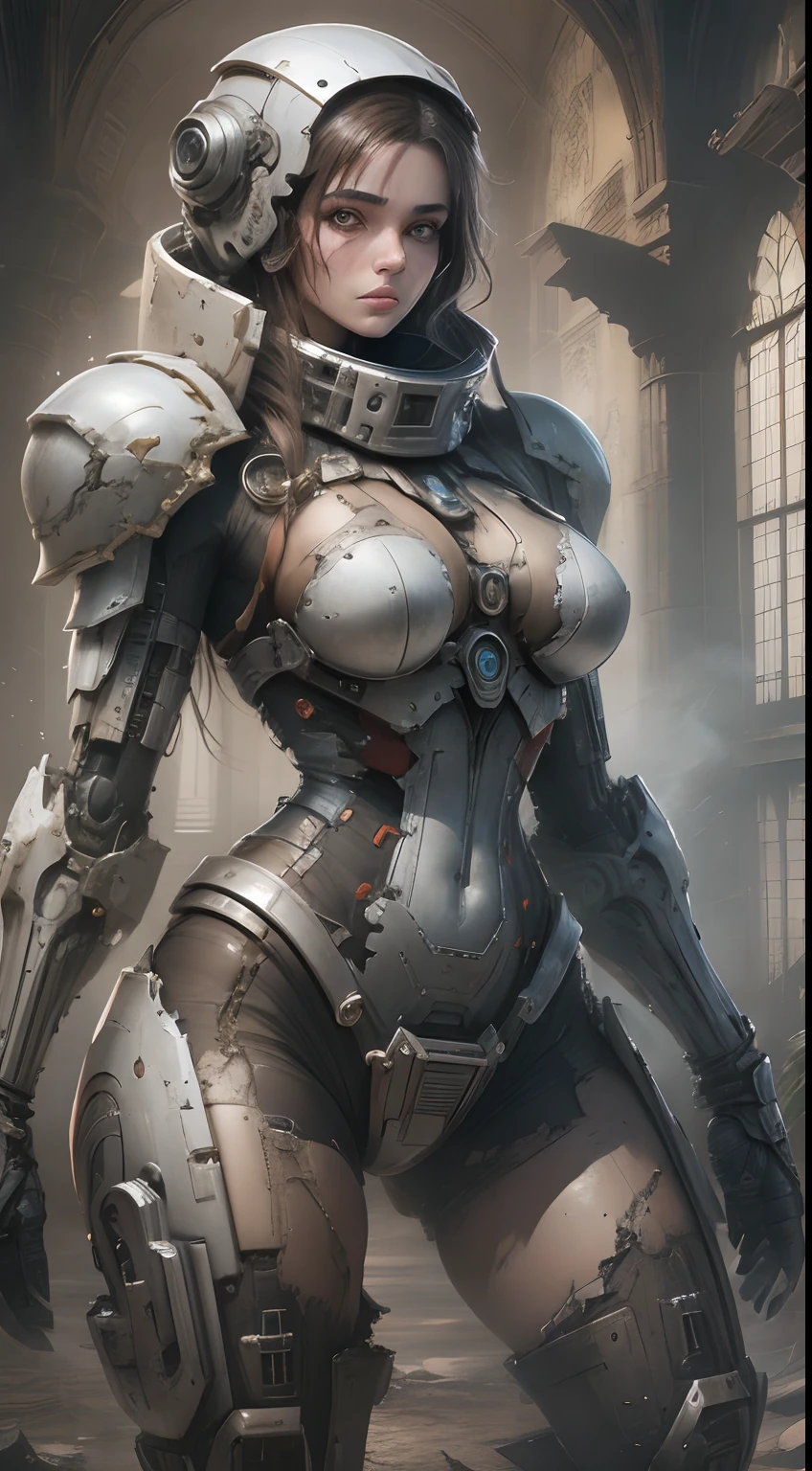 Linda mulher, corpo inteiro voluptuoso, vestindo armadura estilo master chef, doom, warhammer 40.000 lindo e decotado, corpo escultural, usando mecha de metal desgastado, vermelho e branco, campo de batalha, alien planet, rochas enormes, alien structures destroyed by battle,