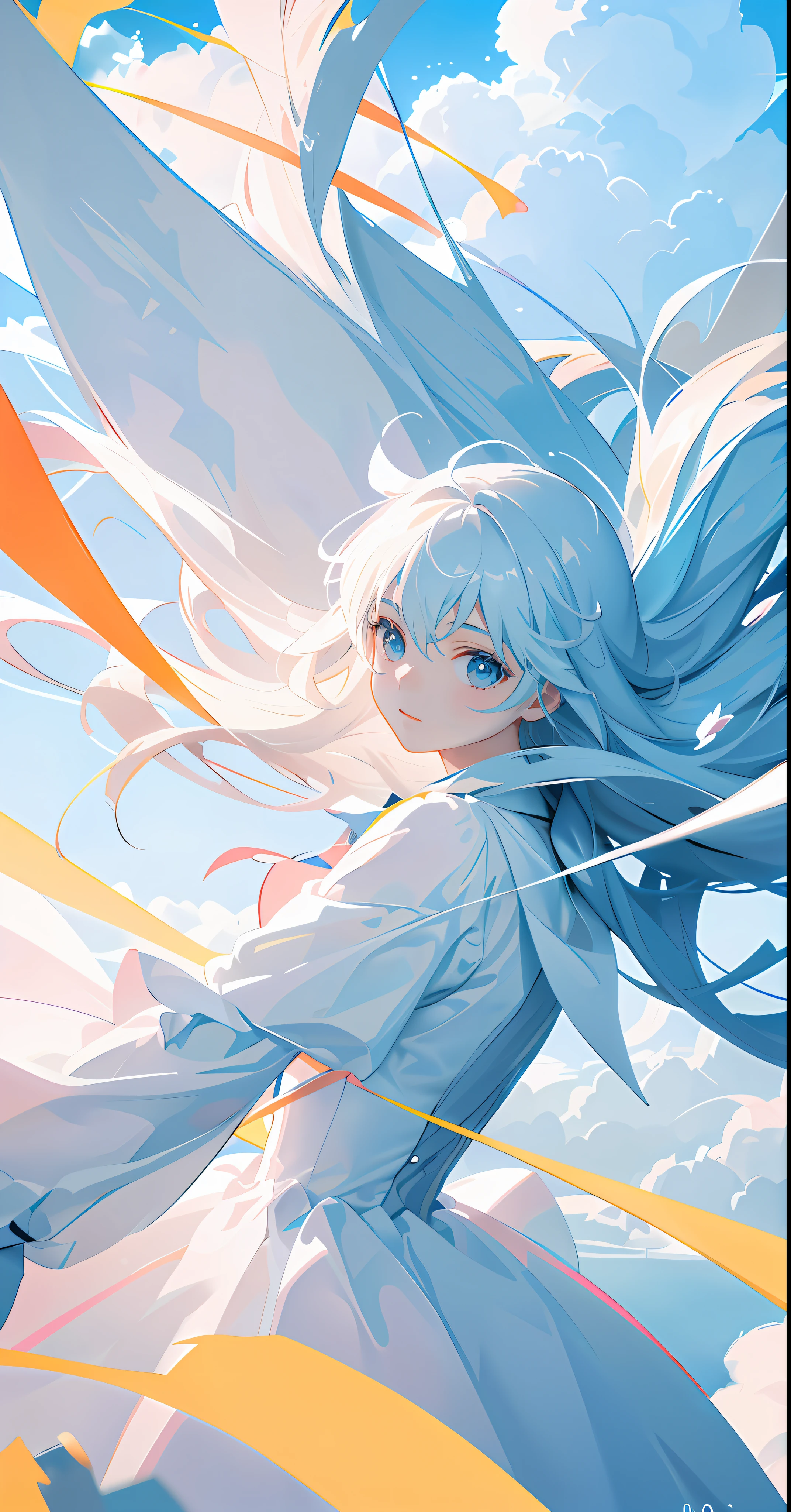 masterpiece, best quality, movie still, 1girl, floating in the sky, cloud girl, cloud, (close-up:1.1), bright, happy, fun, soft lighting, (Bauhaus, shapes, lines, abstract:1.1)