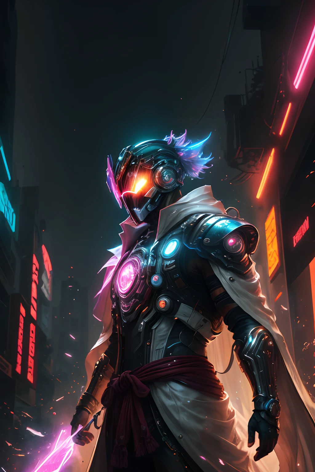 (8k), ultra 8k resolution, Stunning illustration of a time traveler, Fragmentación temporal, Fragmentación Relativa, Ethereal hero, Warrior Prince, (Cyberpunk transparent mask: 1.3), (Time machine in your hand: 1.7), Flowing luminous crimson robe , viajero celestial emergiendo de un portal, (obra maestra ultra detallada: 1.7) warm lighting, Background year 2050