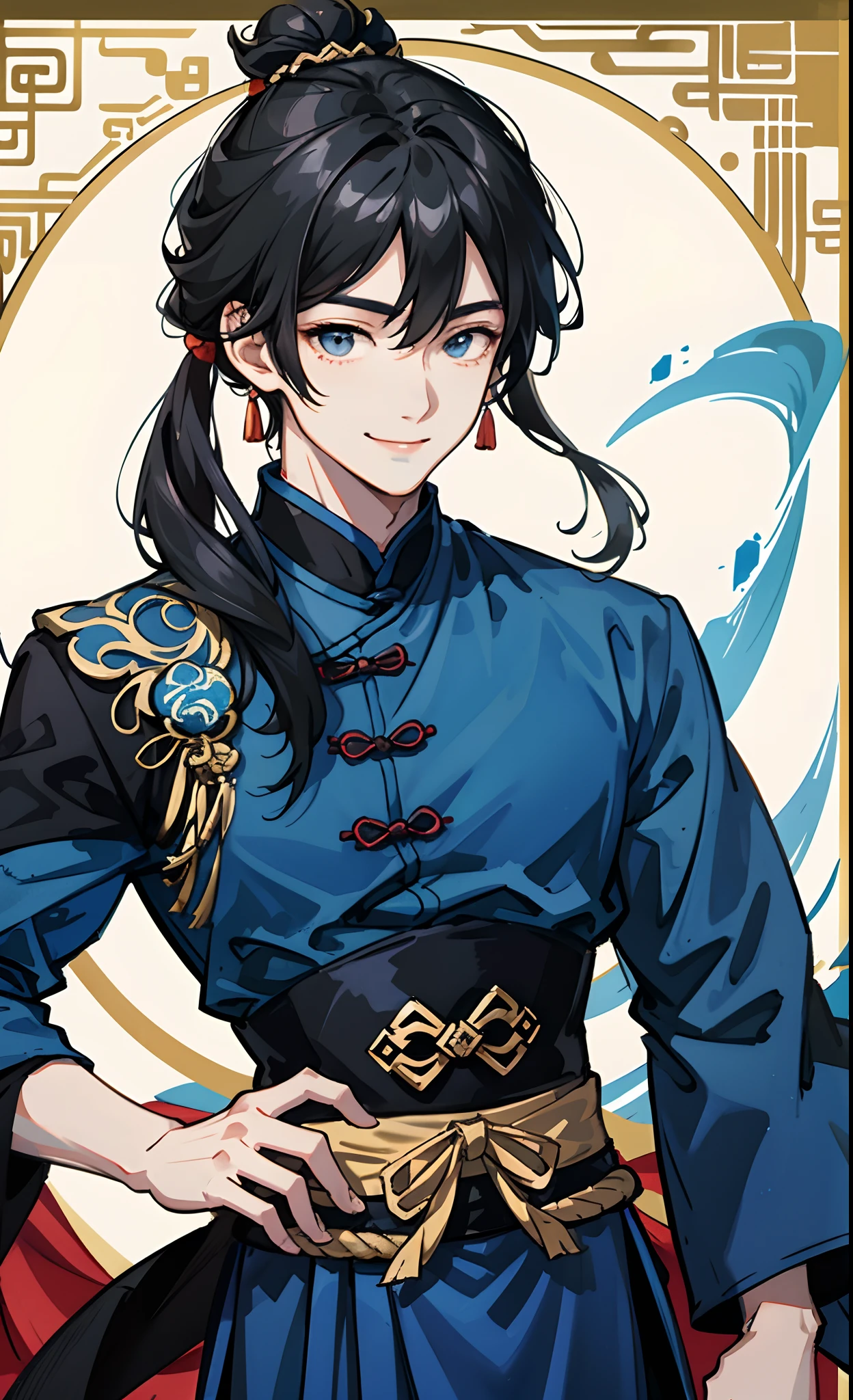 Ip Manzhou，blue clothes，black color hair，Chinese man in costume，quadratic element，gentleness，With a smile on the corners of his mouth，swordsman