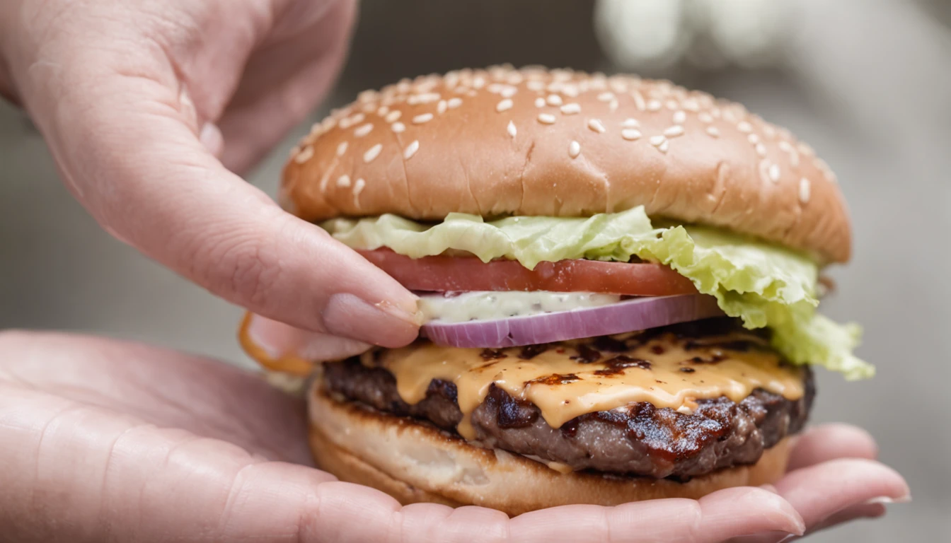 a burger with plenty of sauce being held by two feminine hands, unhas pintadas de azul, tamanho 4x5