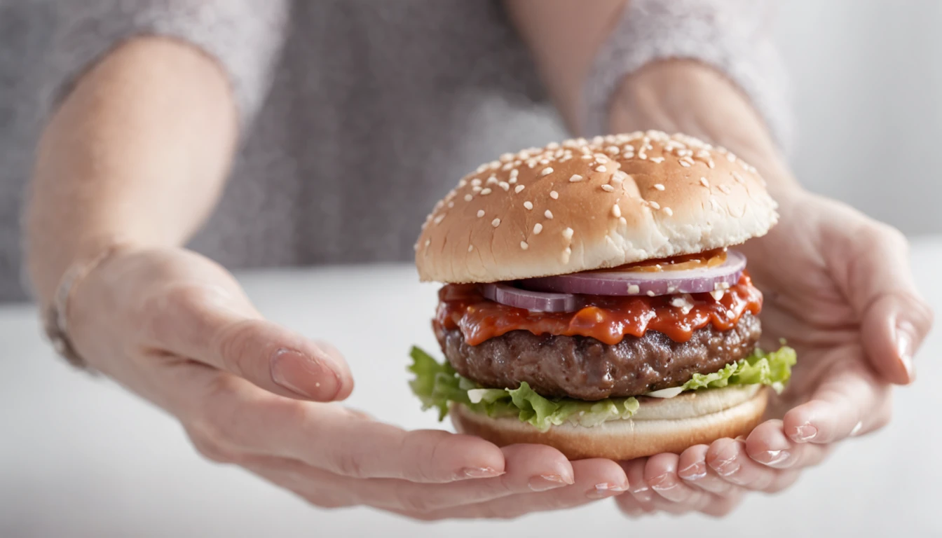 a burger with plenty of sauce being held by two feminine hands, unhas pintadas de azul, tamanho 4x5