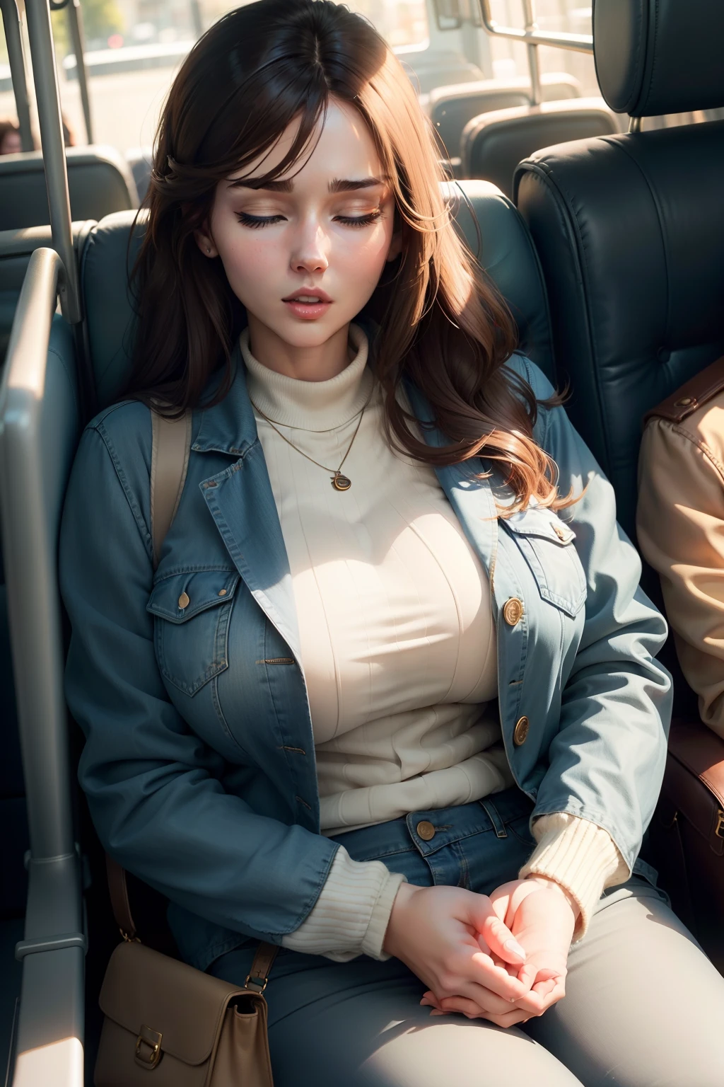 1 beautiful, adult woman, large body, brown hair, outlined eyelids, made-up eyelids, made-up face, blue jacket, closed jacket, neckline, blue jeans, cream handbag, sleeping sitting on the bus, mouth wide open, eyes closed.