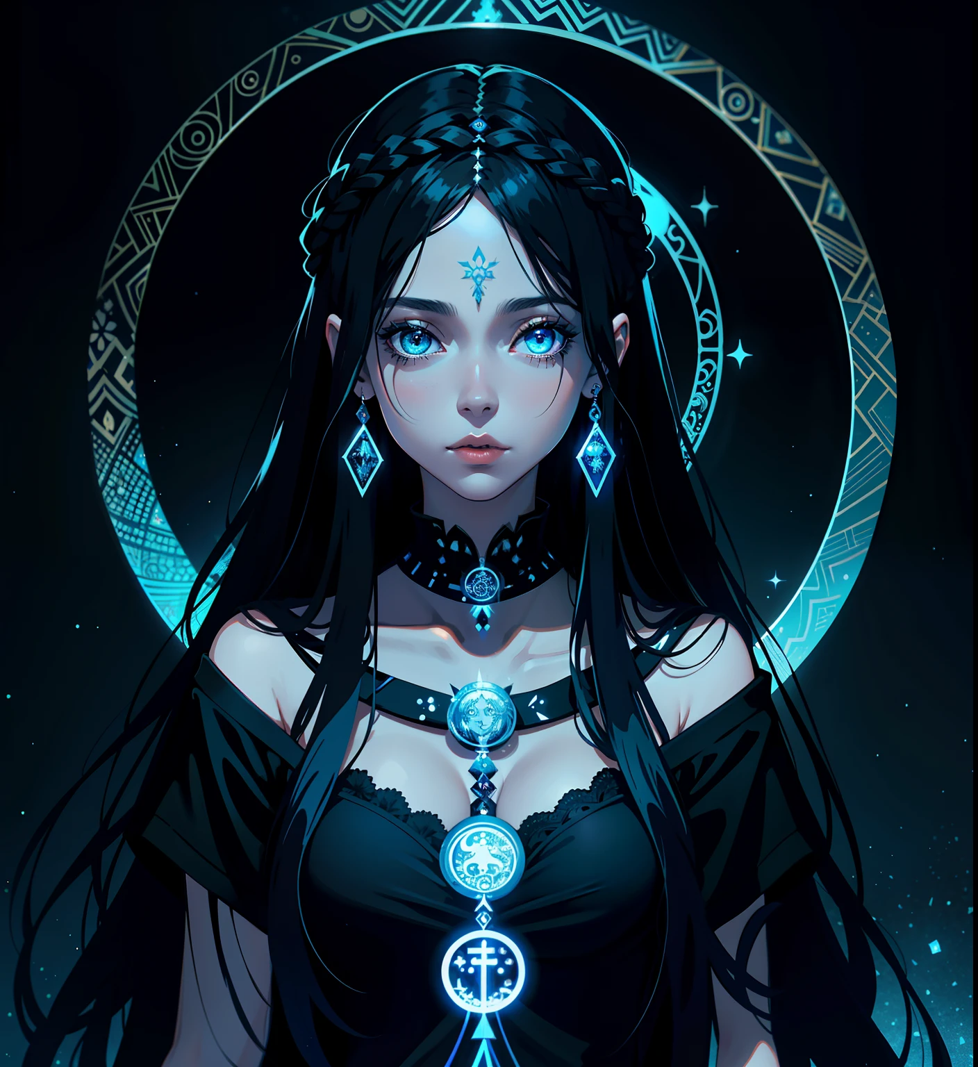 adesivo, fundo simples, portrait, 1 girl, girl with long hair, beautiful hecate girl, hecate aesthetic, beautiful girl, very beautiful fantasy art, beautiful and elegant female hecate, beautiful detailed fantasy, black and blue color palate, black color-theme