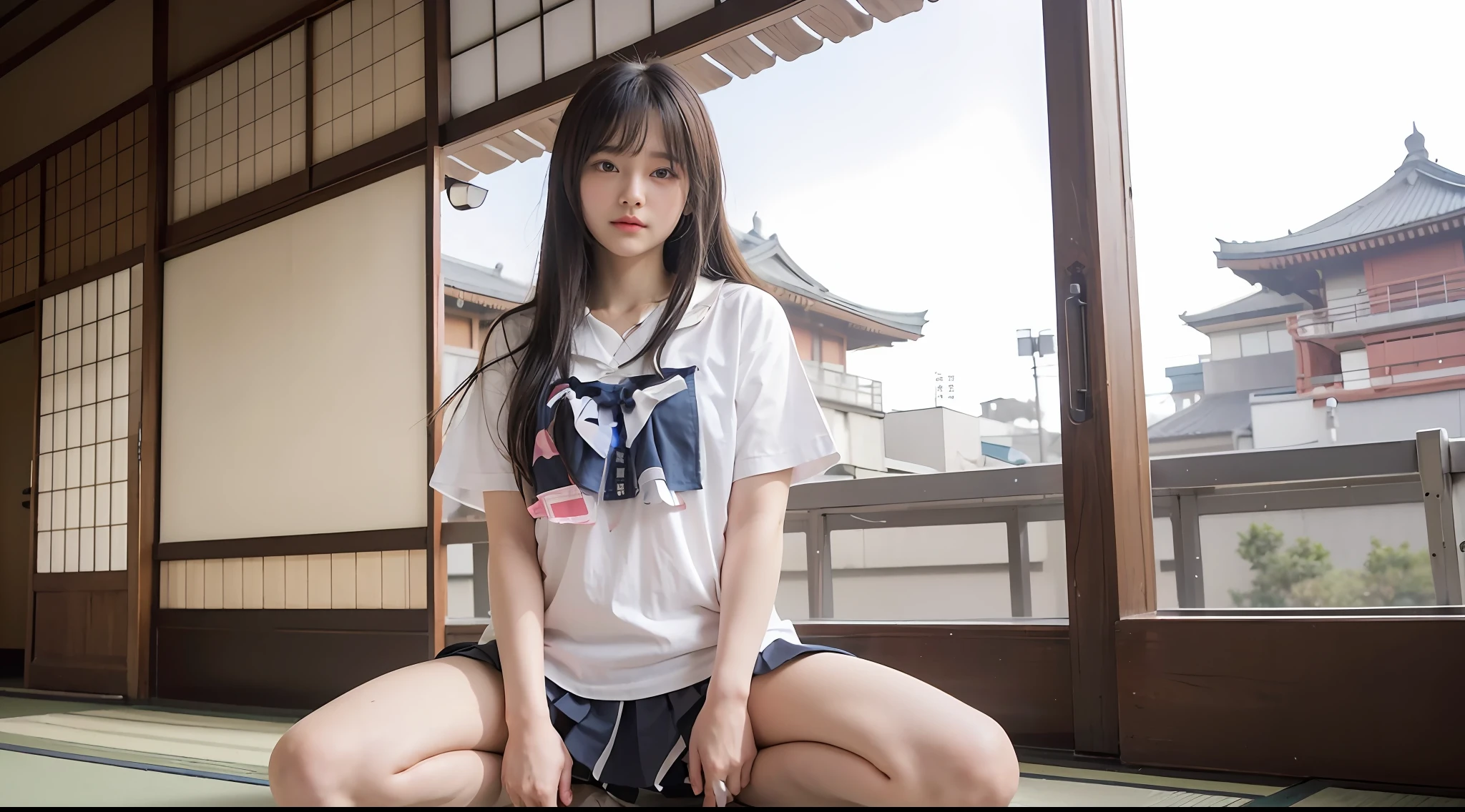 (top-quality), Realistic, (real picture, Intricate details), ((Japanese teenage girl kneeling in abandoned apartment building, cracked wall, messy floor, pile of rubble:1.2)), ((white blouse, denim mini shorts)), (((small chest:1.4))), Fair skin, (braid hairstyle, long hair), (baby face, parted lips, a sad expression, head tilt, looking away), thighs, hard lighting:1.3, full body shot