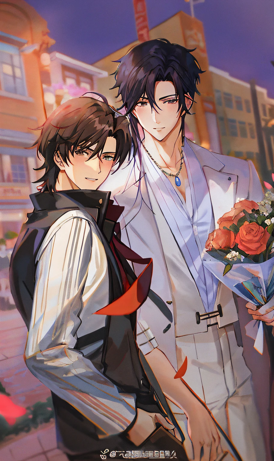 anime characters standing in front of a building with flowers, two anime handsome men, sakimichan and frank franzzeta, cute boys, frank franzzeta and sakimichan, anime handsome man, yaoi, nick silva and ilya kuvshinov, two handsome men, inspired by Tomioka Tessai