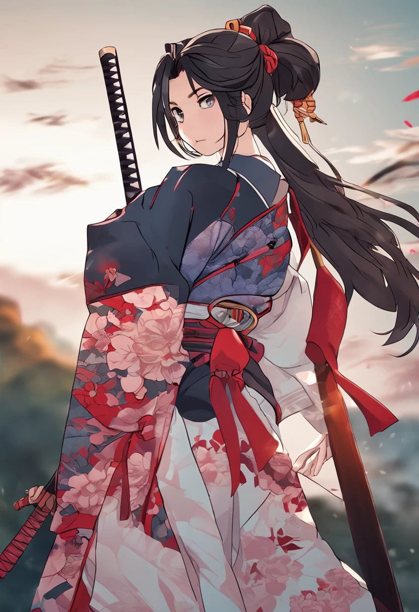 Samurai anime girl in traditional Japanese costume, katana in hand,