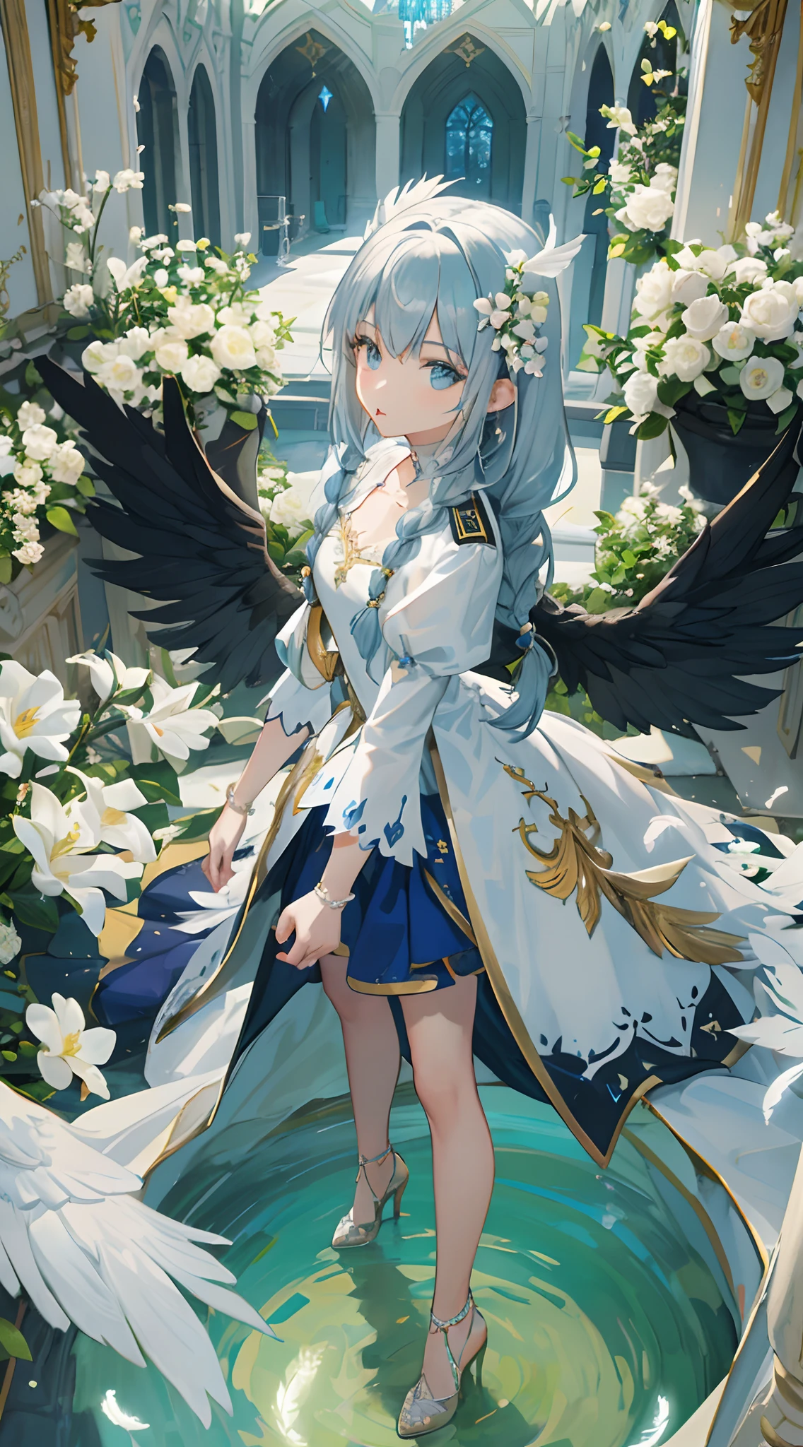 (looking-down),Dynamic Angle,ultra-detailliert, illustratio, gros-plan, Straight, One girl, (Fantasia:1.4), (azure eyes:1.233),(radiant eyes:1.233) ,(beautiful and delicate eyes:1.1),(Silver hair:1.14),(Long hair,Braids,hair between eye,side locks), (+(White feathers:1.14)),(Chiffon dress,Blue floral pattern on uniform)(no sleeves),a choker,high-heels,(deadpan,Mouth closure),(to stand), (classical Princess boudoir with dressing tableand french windowin a white ancient palaces),(white blossoms),(a dull blue world tree:1.14),Dreamy,(fluorescent),[Delicate fingers and hands:0.55],(Fine fingers),((Black Angel Wings))