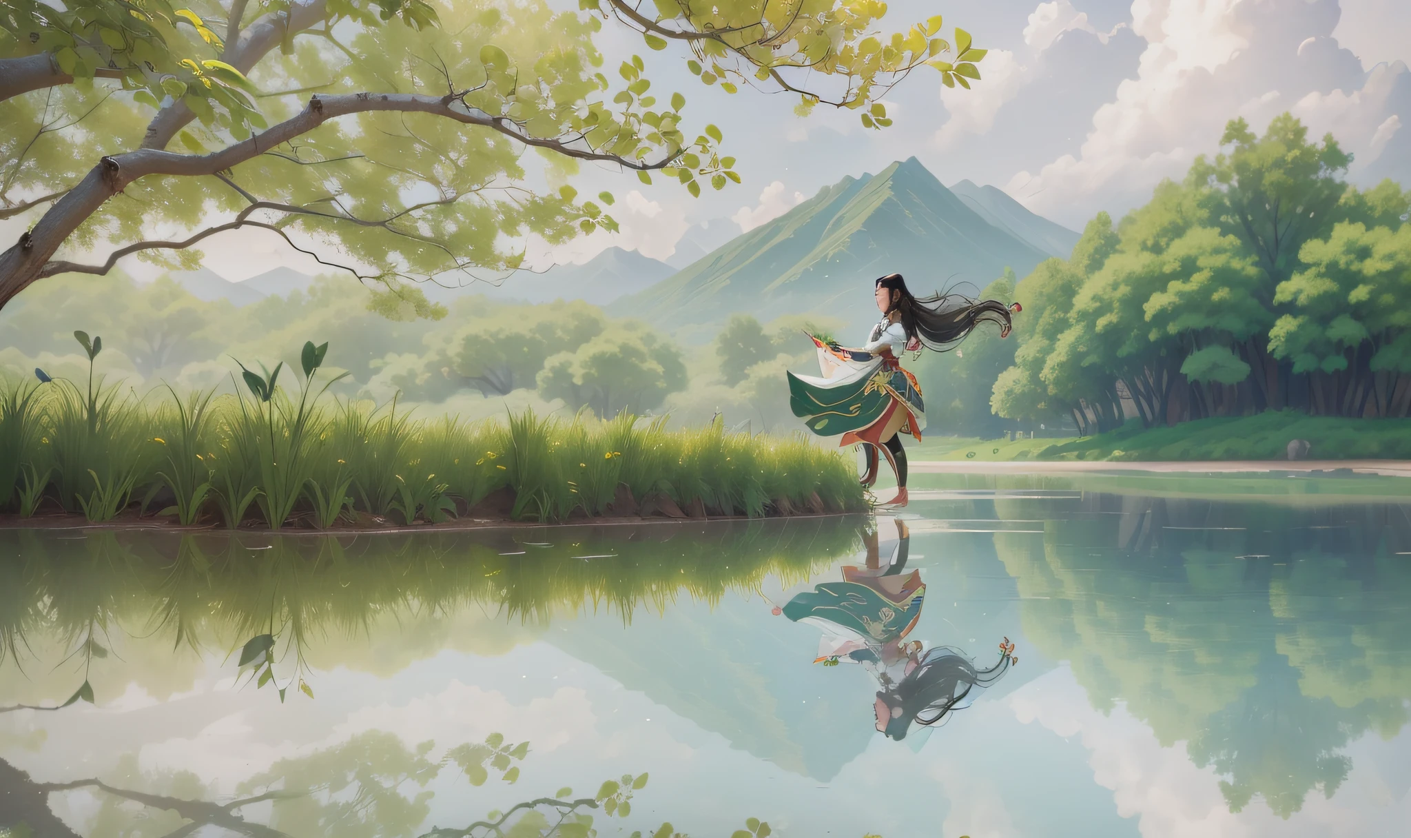 one-girl,Classical Chinese costumes,Long black hair,standing on your feet,Arms spread wide,exteriors,rios,Green trees,Far Mountain,high qulity,In the daytime,Realism,unreal engine rendered