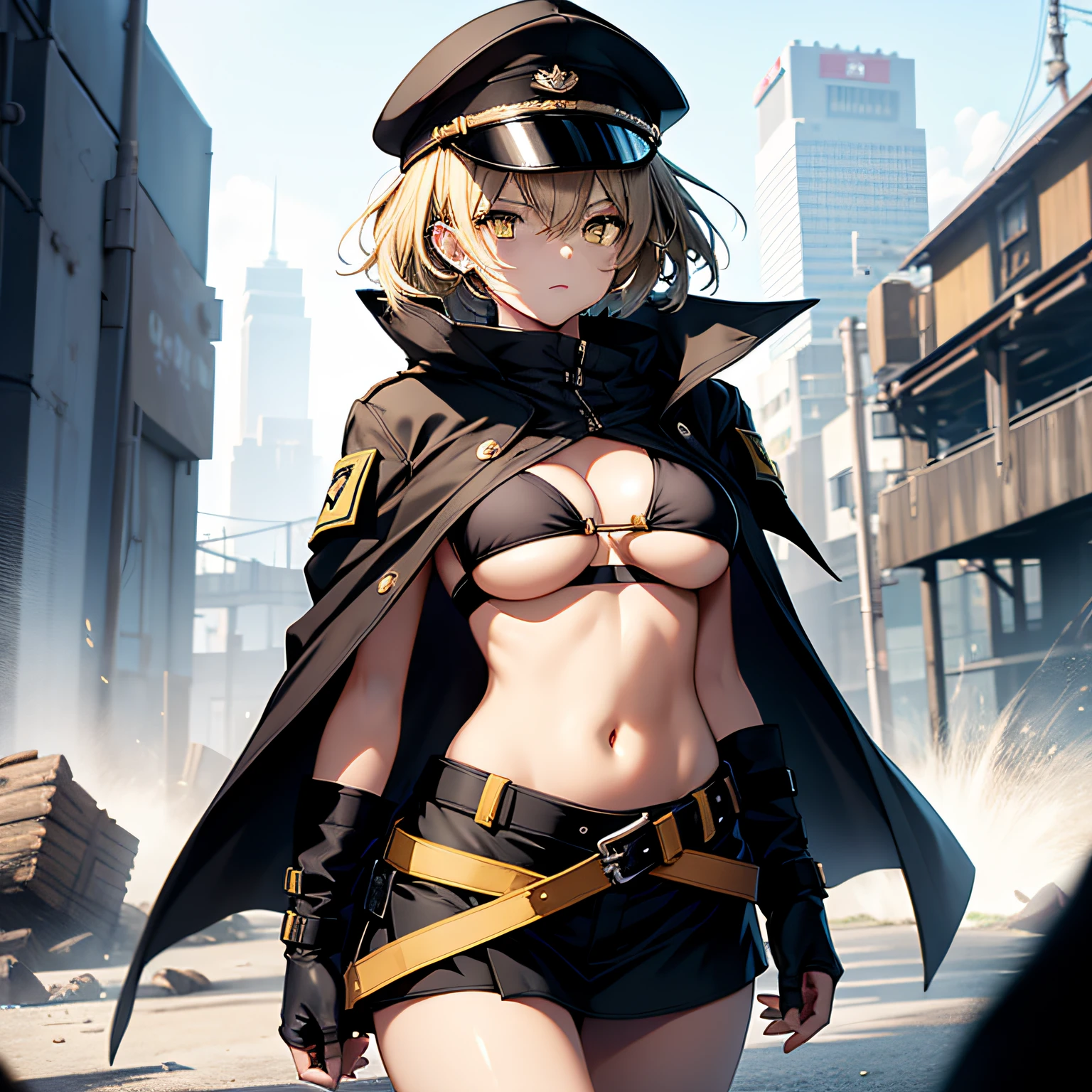 top-quality、extremely delicate and beautiful、femele、Wearing a black cloak。Colossal tits、Black Bikini Bra、Yellow military cap、Thunder properties、a blond、short-haired、Yellow eyes、Navel、Black miniskirt、Belt at waist