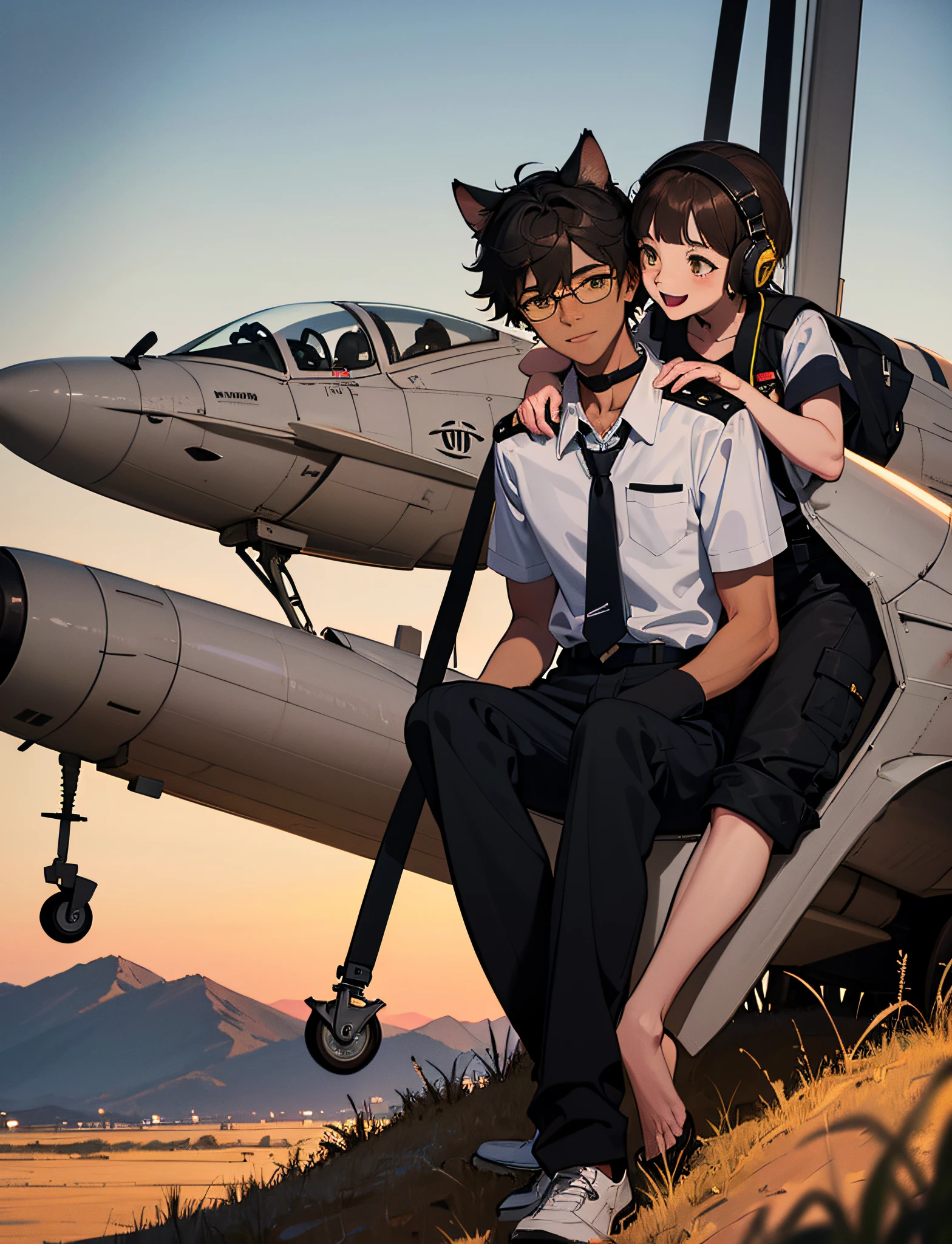 A happy little girl，Dressed in casual attire，Bring headphones，Sit on the rocks of the meadow，The background is the village，Sunset and sunset，Face the camera，Full body photo，Ultra-high definition, Amid Faux ASI's aviation bliss, a sudden twist upends his life. Escalating conflict leads to his unexpected draft into the Airforce. From the peaceful skies, he's thrust into the cockpit of fighter jets—F-16C for precision strikes, F-22 for air superiority, F-35 for versatile missions, and A-10 for ground support. Under the callsign "Senpai 1-1," Faux must embrace this new role. 1girl, short black bob hair, yellow eyes, Round glasses, tan skin,dark skin ,DARK BROWN SKIN, SHE HAS BROWN SKIN, petite body, wearing plain white formal work shirt, wearing long black pants, business tie, absurdres, high res, ultrasharp, 8k, masterpiece, FOCUSED on something else, cat ears, airline pilot uniform, airline pilot hat, white background, short sleeve, bangs, flat chest, whiskers, androgynous, she has cat ears on her head, she has cat teeth, cloudy background, holding pet black cat, smiling, large round glasses, no airplanes, airplane cabin background, wearing a choker on neck, collar on her neck, F-18 cockpit