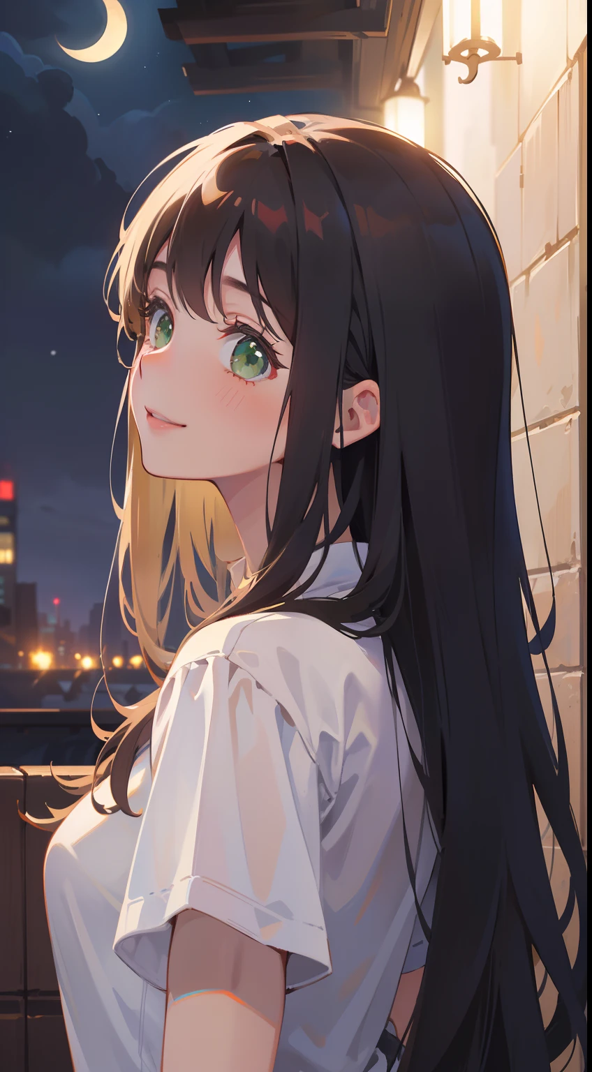 (masterpiece), (best quality), ultra high res, sharp focus, ((1 woman, solo)), upper body, back profile shot, beautiful detailed hair, chestnut brown hair, long hair flowing up, beautiful detailed face, green eyes, comfortable face, perfect feminine face, look away, (look at the beautiful night:1.2), smiles, warm pastel tone color
