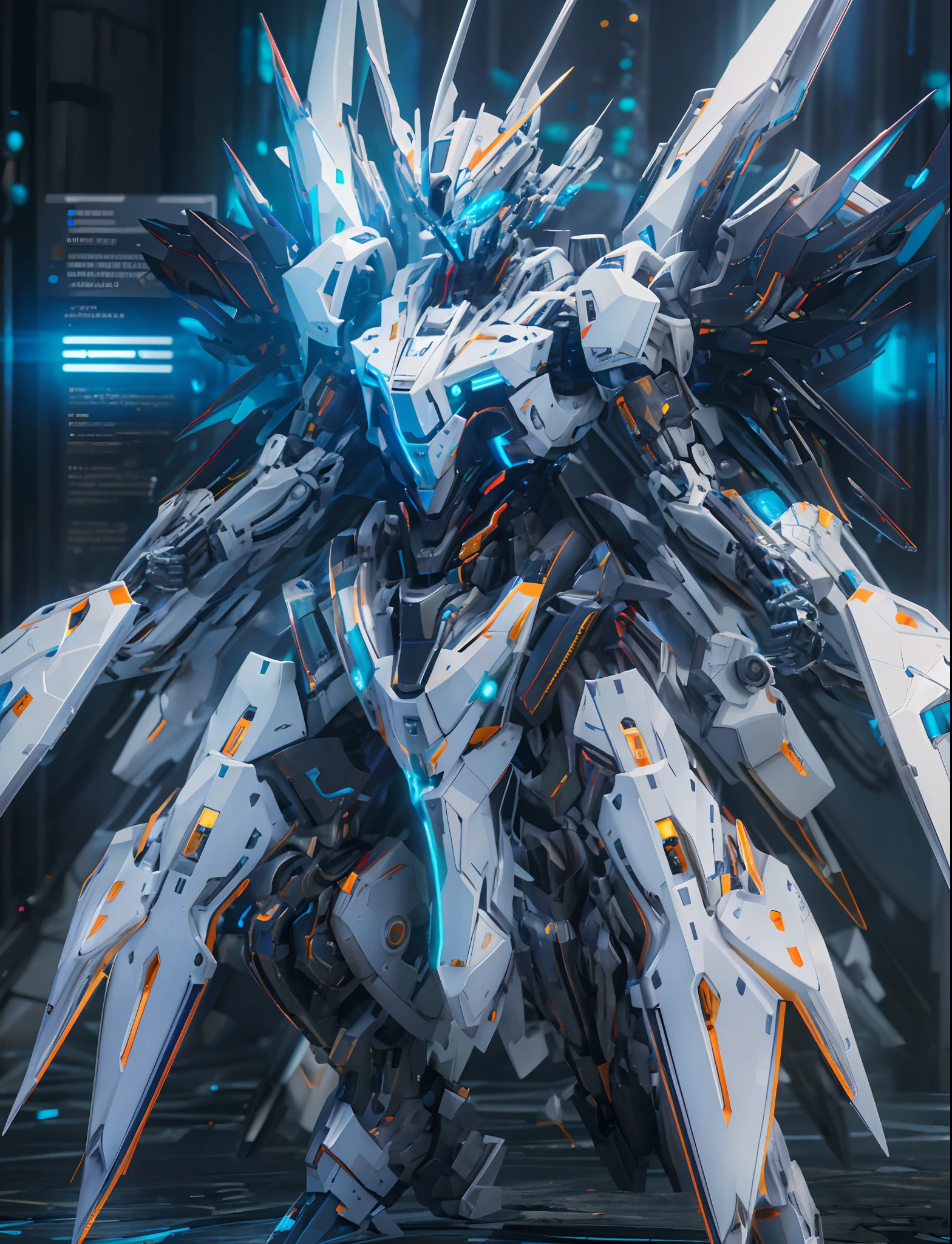 a robot, best quality,highly detailed, ultra-detailed, masterpiece, 8k wallpaper,white theme, blue eyes, absurdres, highres, super fine illustration, absurdres, solo, game cg, lord,at night, (blacklight:1), (detailed beautiful face and eyes:1.0),( full body:1.5),command spell,mecha musume,mask,mechanical parts, robot joints,,full armor,(full body:1.5),glowing eyes,mecha,standing, looking at viewer, skinny,mechanical wing,