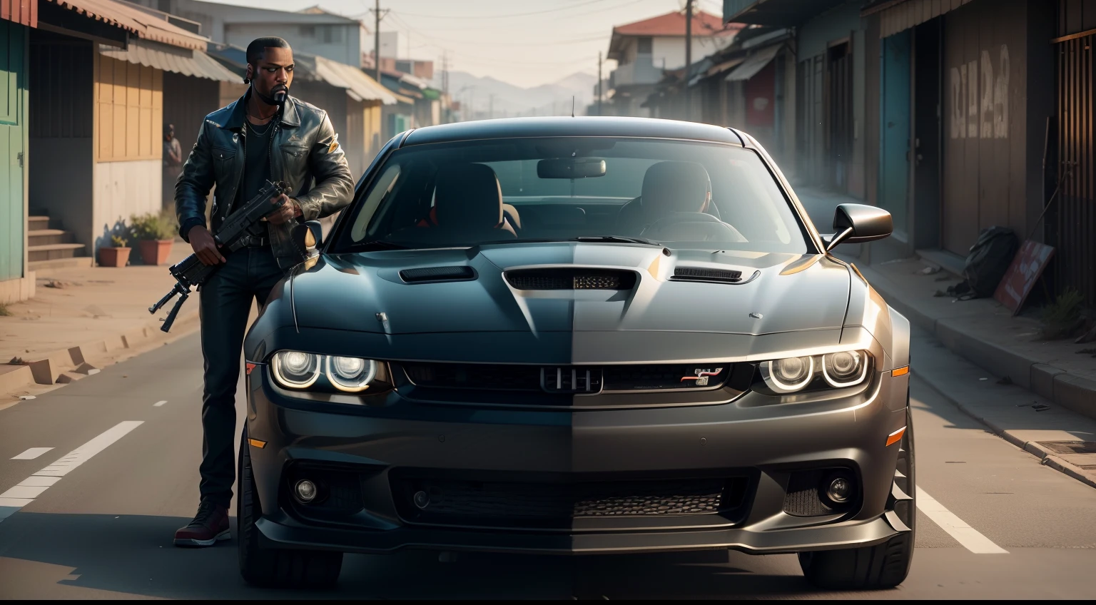 There's a man holding a gun on a wooden deck, gta personagem, Como o protagonista de GTA 5, gta v estilo, como um personagem de gtav, Kanye West em GTA v, drake em gta v, GTA5 Estilo, gta v personagem, empunhando fuzil de assalto, Snoop Dogg em GTA V, gta 5 tom de pele, Jesse Pinkman em GTA v, jaqueta vermelha,Fuzil AK-47, cenario de fundo uma favela estilo brasileira, e o personagem com cabelo vermelho,Favela no Brasil, carro preto Dodge Challenger SRT Hellcat 2019,with Ak-47 rifle in hand, rifle in hands.