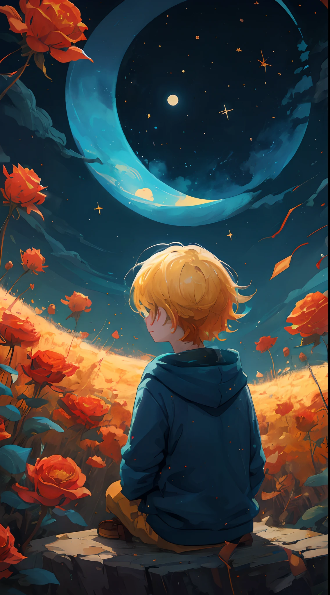 boy sitting on a rock looking at the moon and stars, anime art wallpaper 8 k, anime art wallpaper 4 k, anime art wallpaper 4k, 4k anime wallpaper, cyril rolando and goro fujita, 4 k manga wallpaper, inspired by Cyril Rolando, anime wallpaper 4k, anime wallpaper 4 k, beautiful art uhd 4 k