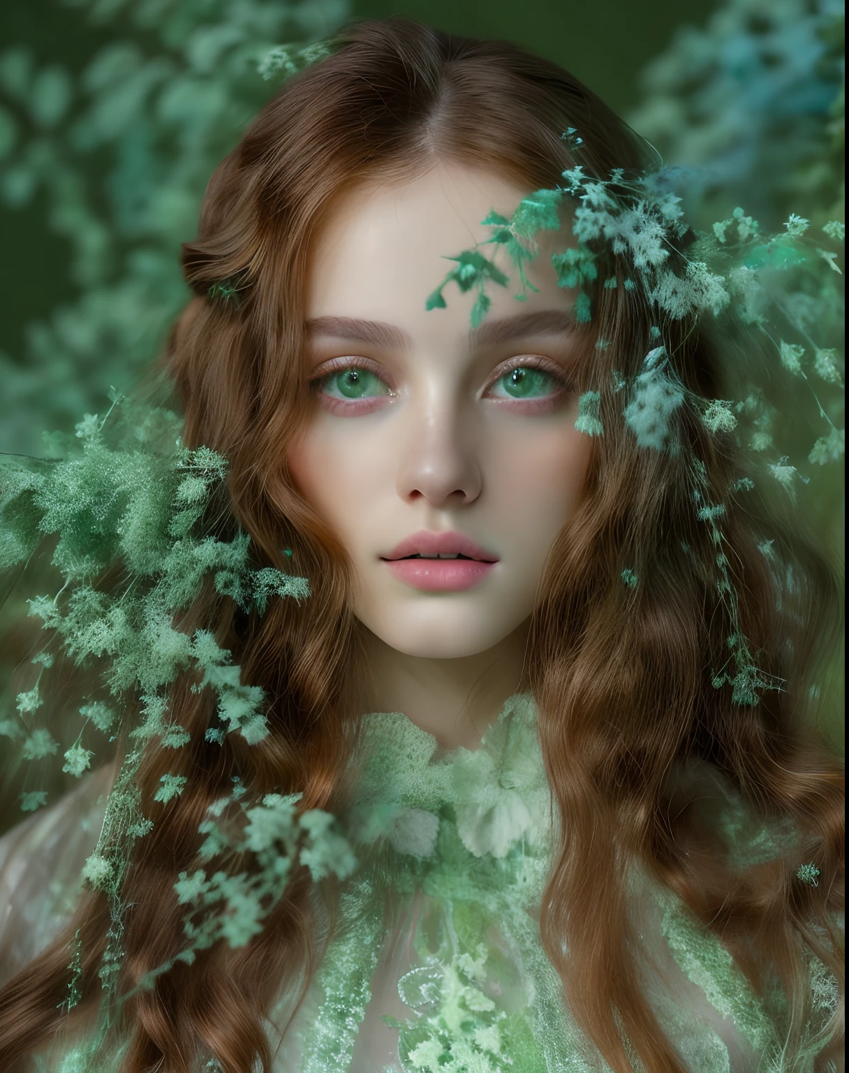 Un primer plano de una mujer con el pelo largo y verde y un vestido verde, Fregadero Sadie, monia merlo, por Irakli Nadar, Chica con flores verdes, con flores verdes congeladas a su alrededor, Anna Nikolanova alias Newmilky, Ethereal green beauty, por Elizabeth Polunin, 8K Green Artistic Portrait Photography, photography alexey gurylev, with pale green skin, Hermoso retrato surrealista verde.