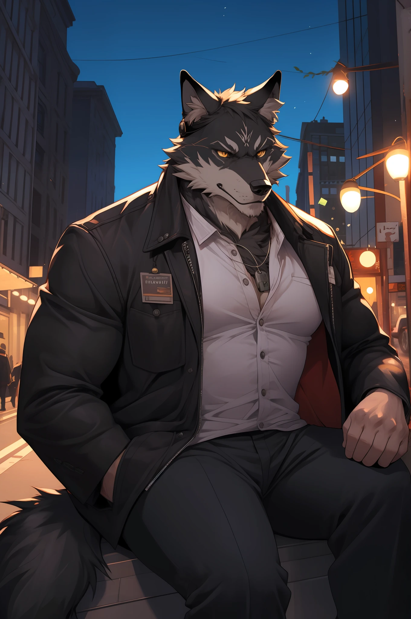 muscular old man (furry black wolf) walking in city wearing jacket, headphone, pectoral, sitting, muscular, bearded, ((old man))