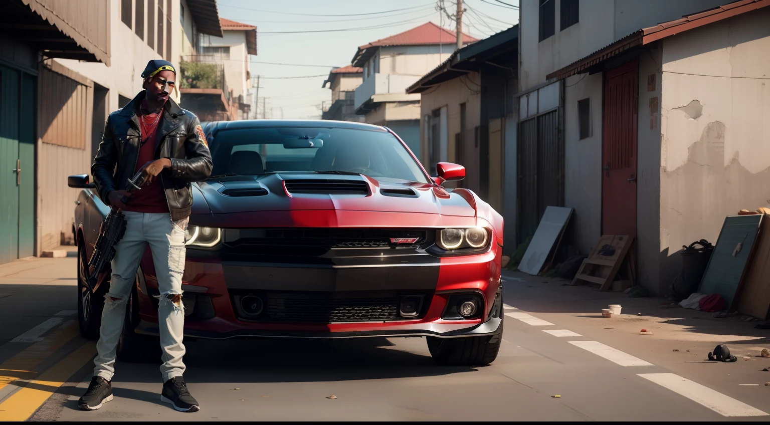 There's a man holding a gun on a wooden deck, gta personagem, Como o protagonista de GTA 5, gta v estilo, como um personagem de gtav, Kanye West em GTA v, drake em gta v, GTA5 Estilo, gta v personagem, empunhando fuzil de assalto, Snoop Dogg em GTA V, gta 5 tom de pele, Jesse Pinkman em GTA v, jaqueta vermelha,Fuzil AK-47, cenario de fundo uma favela estilo brasileira, e o personagem com cabelo vermelho,Favela no Brasil, carro preto Dodge Challenger SRT Hellcat 2019,with Ak-47 rifle in hand, rifle in hands.