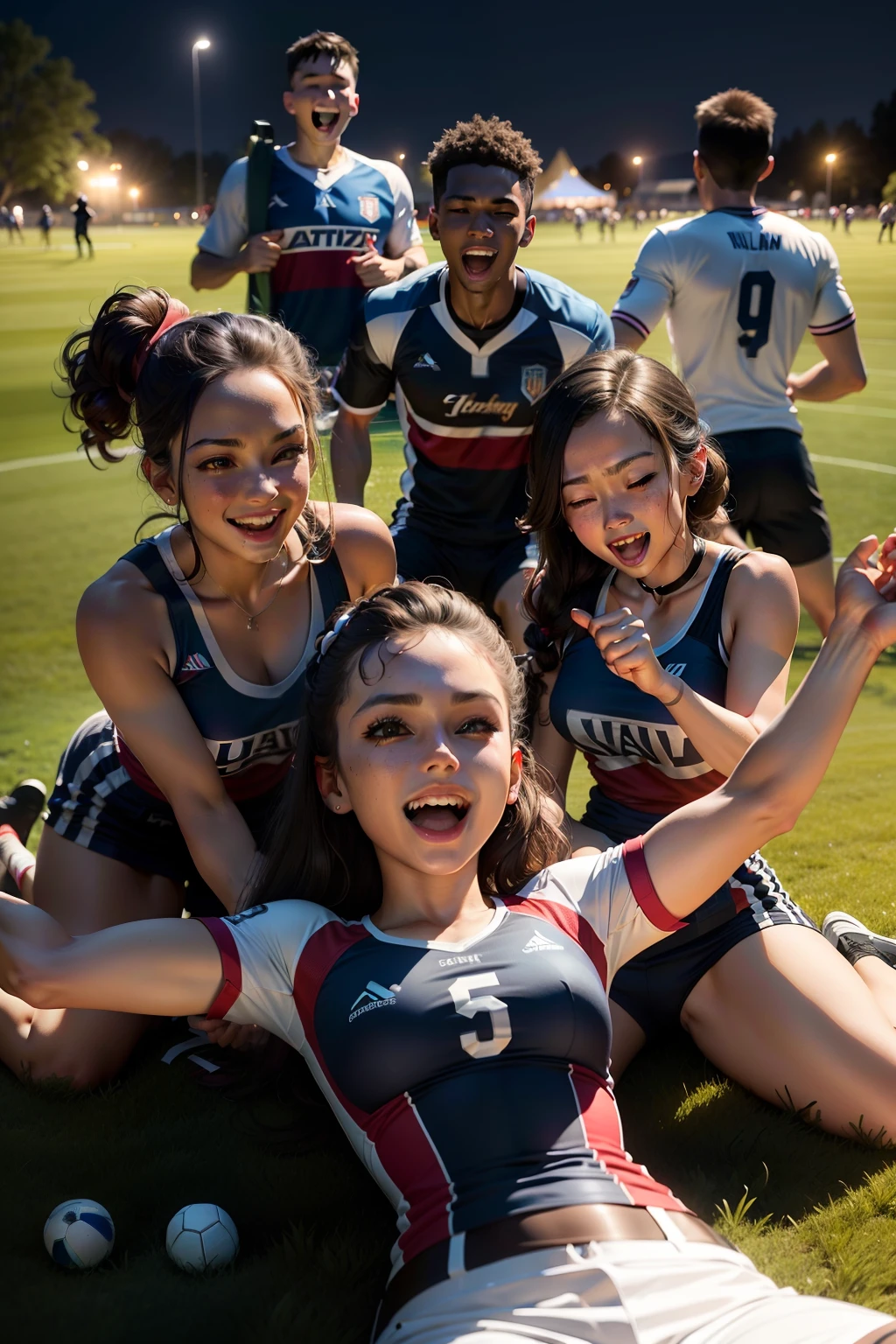 the night,On the lawn,Five young men and women wearing sports equipment,Celebrate victory