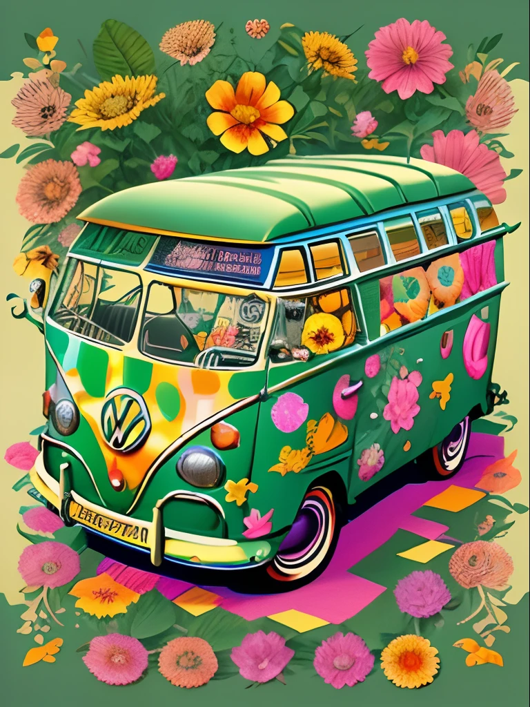 "Design a 1960s poster in a vibrant and humorous cartoon style showcasing one Volkswagen Kleinbus adorned with flower icons and hippie elements. isometric view. Emphasize bold contours and use vivid colors for an eye-catching effect."