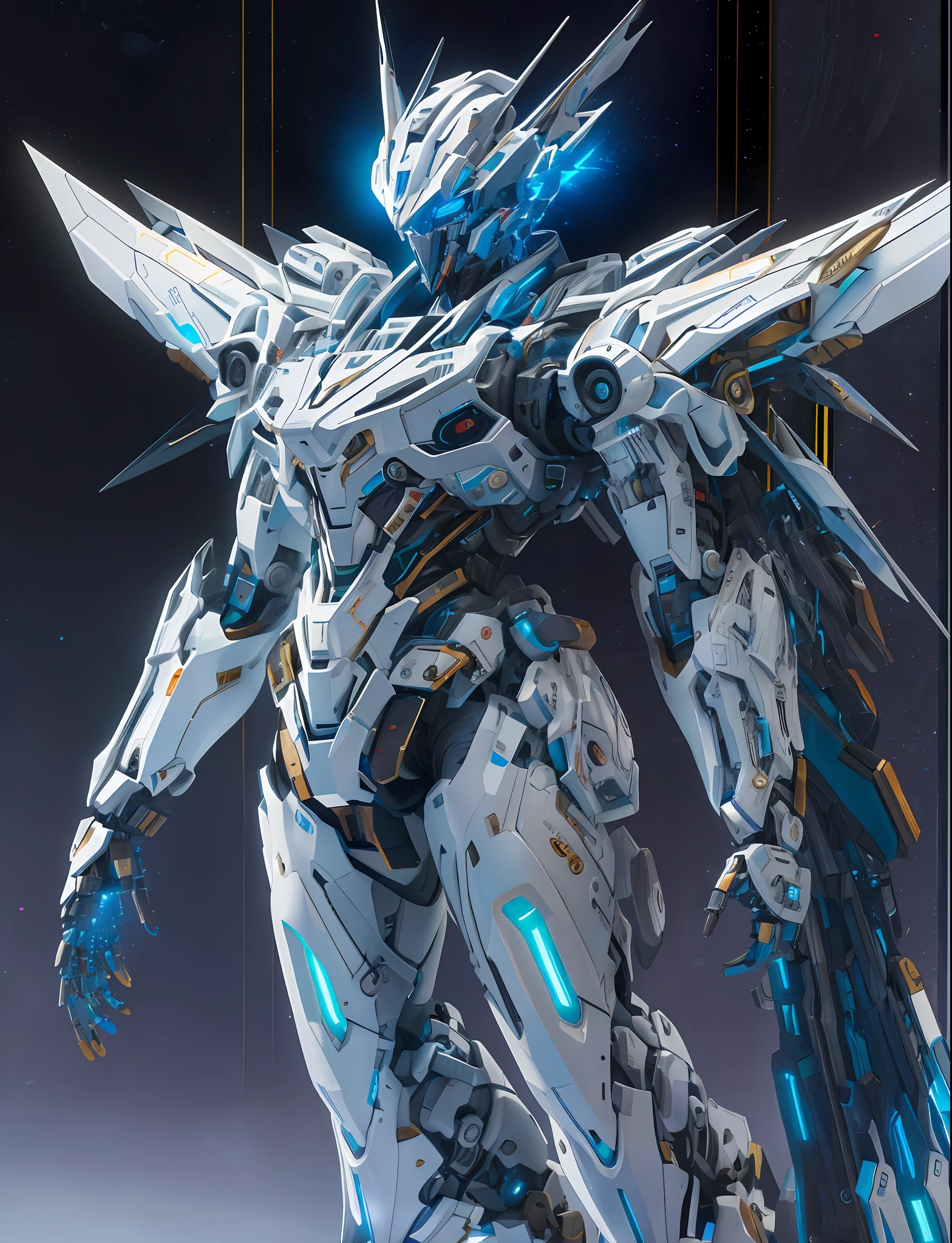 1 gundam robot crouching, glowing eyes, glowing armor,white mecha, wings, zhongfenghua, cannons, ((cinematic lighting, high key, high contrast, )) (reflective , hard surface, omit details, ) , cyberpunk neon light, masterpiece, high quality, dynamic angle, dynamic pose , weapon, (photorealistic:1.5) depth of field, sunny blue sky, sunlight, lens glare, bright,pov from top