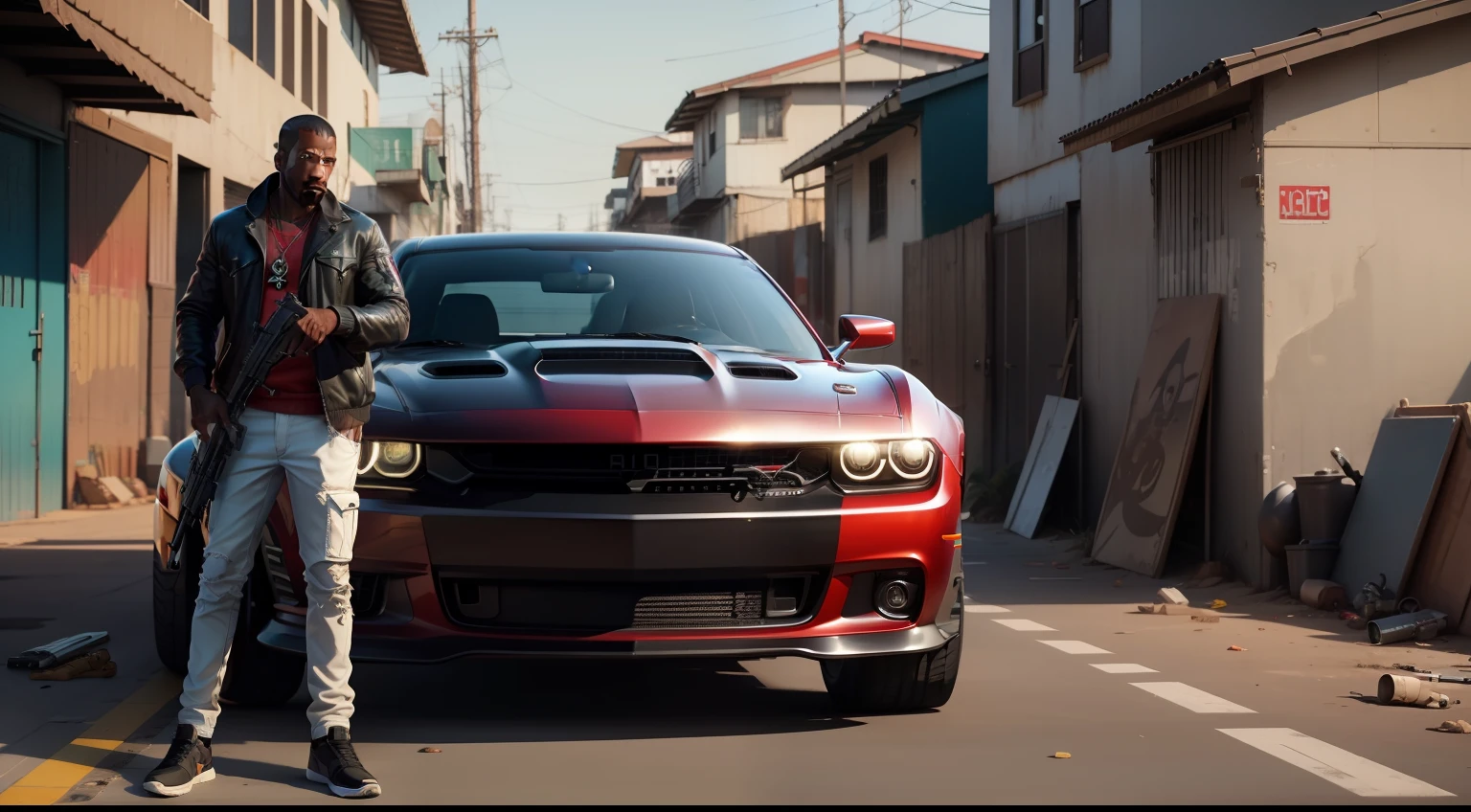 There's a man holding a gun on a wooden deck, gta personagem, Como o protagonista de GTA 5, gta v estilo, como um personagem de gtav, Kanye West em GTA v, drake em gta v, Estilo GTA5, gta v personagem, empunhando fuzil de assalto, Snoop Dogg em GTA V, gta 5 tom de pele, Jesse Pinkman em GTA v, jaqueta vermelha,Fuzil AK-47, cenario de fundo uma favela estilo brasileira, e o personagem com cabelo vermelho,Favela no Brasil, carro preto Dodge Challenger SRT Hellcat 2019,with Ak-47 rifle in hand, rifle in hands.
