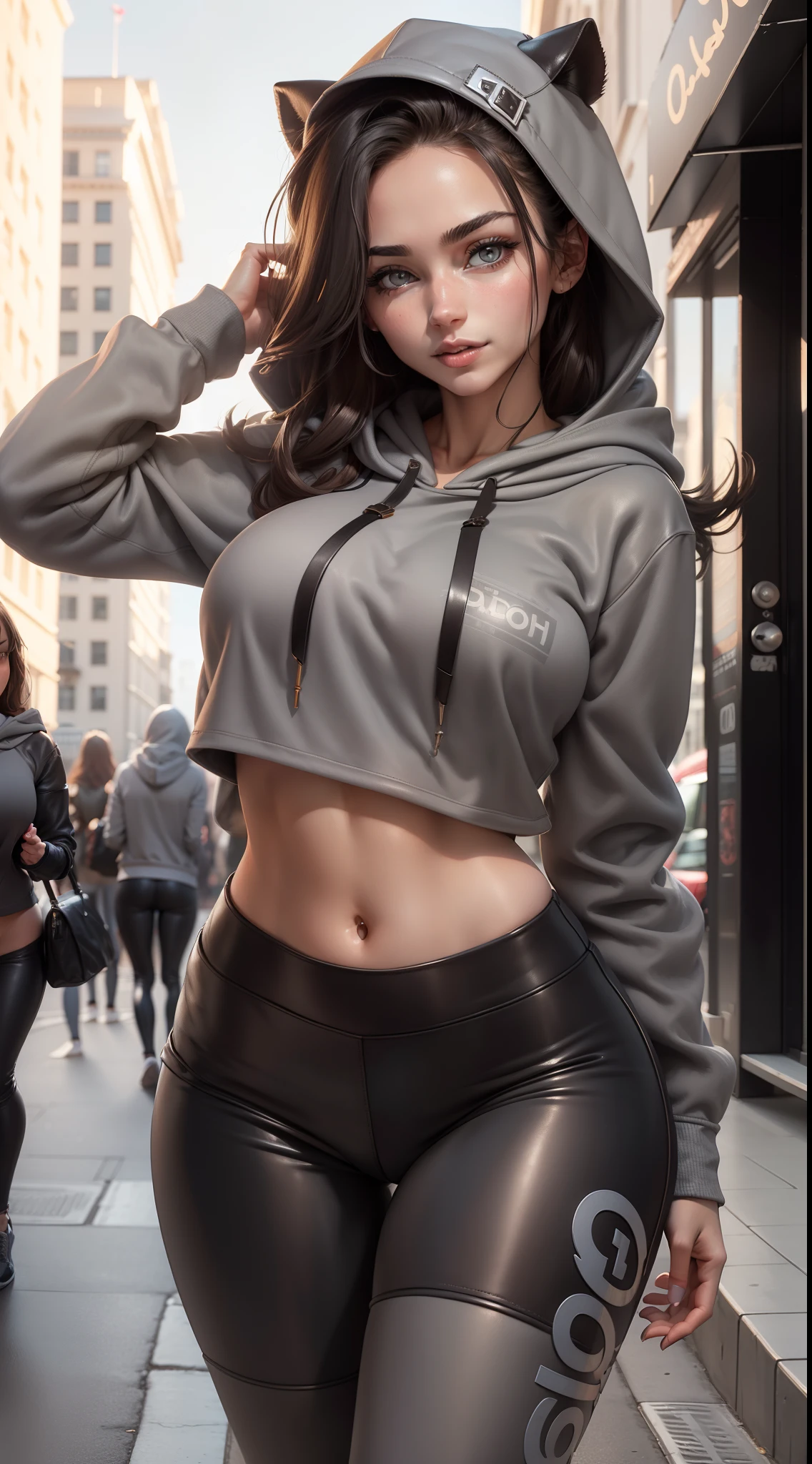 8k, highres, ultra detailed, (masterpiece:1.4), best quality, symmetrical body, a beautiful 18 year old girl, (cropped grey cotton hoodie with lettering:1.5), (leather leggins:1.5), full body shot, cute, solo, long hair, brown hair, blue eyes, glow effect, finely eye, detailed face, looking at viewer, smilling at viewer, leaning forward, dominant look, (seductive:1.4), big breasts, sun, rim light, in the city, (sexy pose:1.4)