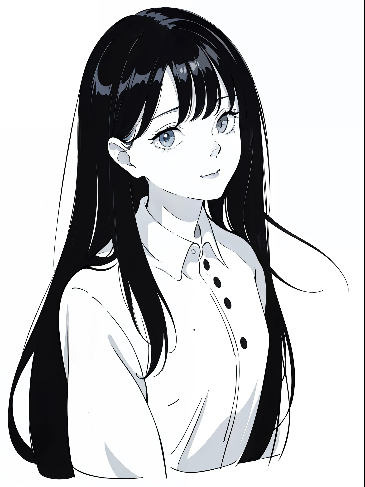 (anime girl with long black hair and a white shirt),((black and white portrait)),black and white picture,Smile,minimalist painting,Simple strokes,messy  hair,Shy,Pure white shirt,Heavy makeup,Headshot,Put lipstick on one's mouth,Side Body,Blank background