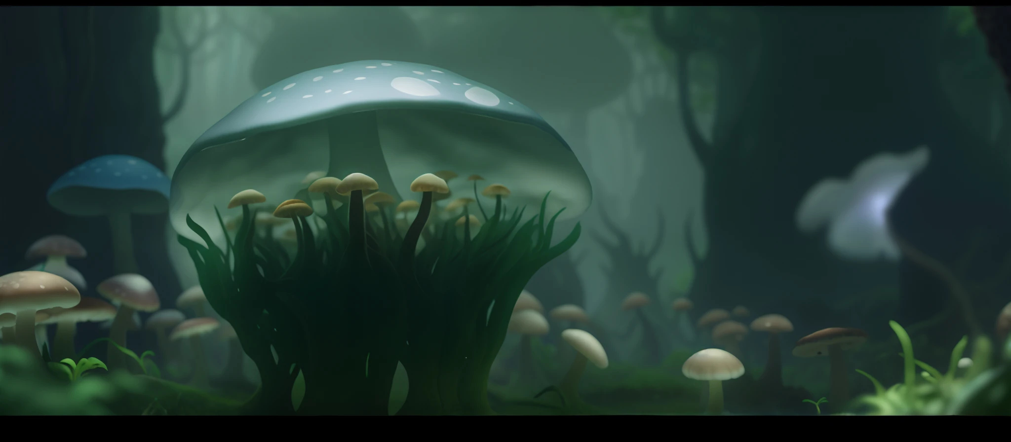 There is a jellyfish in the water,There are a lot of small mushrooms inside, underwater mushroom forest, translucent mushrooms, magic mushrooms, Mushroom forest, magic mushrooms, Slime mold forest environment, mushroom, Cogumelos, closeup cinematic aquatic scene, forest made of mushrooms, organic matte painting, giant mushroom, Mushrooms, toadstools, mushroom fractals, psychedelic mushrooms dream, giant mushroom