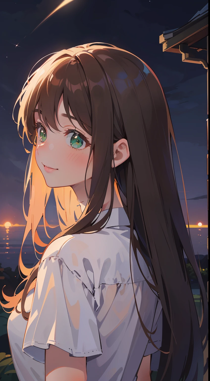 (masterpiece), (best quality), ultra high res, sharp focus, ((1 woman, solo)), upper body, back profile shot, beautiful detailed hair, chestnut brown hair, long hair flowing up, beautiful detailed face, green eyes, comfortable face, perfect feminine face, look away, (look at the beautiful night:1.2), smiles, warm pastel tone color