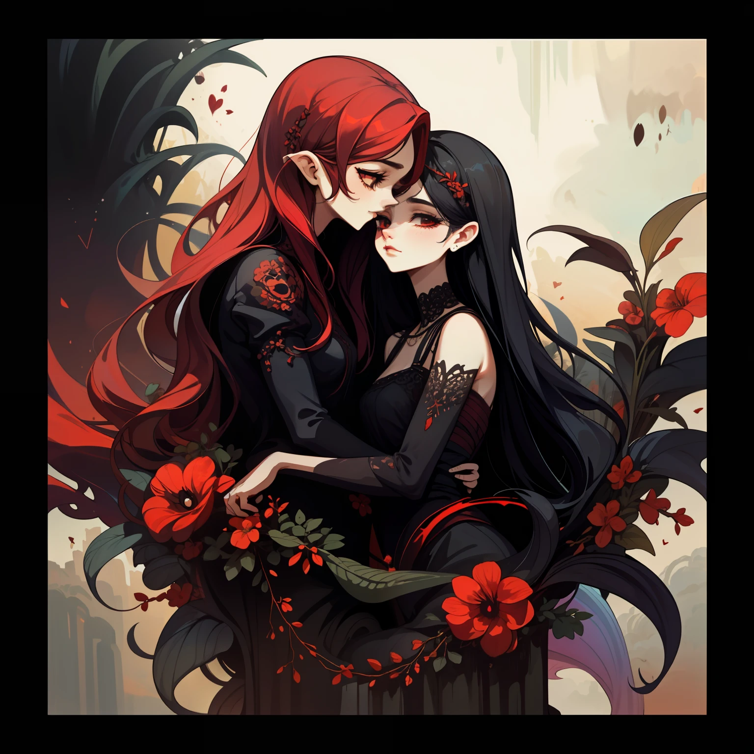 adesivo, fundo simples, portrait, 2 girls, couple, girl with long hair, beautiful lilith girl, lilith aesthetic, beautiful girl, very beautiful fantasy art, beautiful and elegant female lilith, beautiful detailed fantasy, black and red color palate, black color-theme