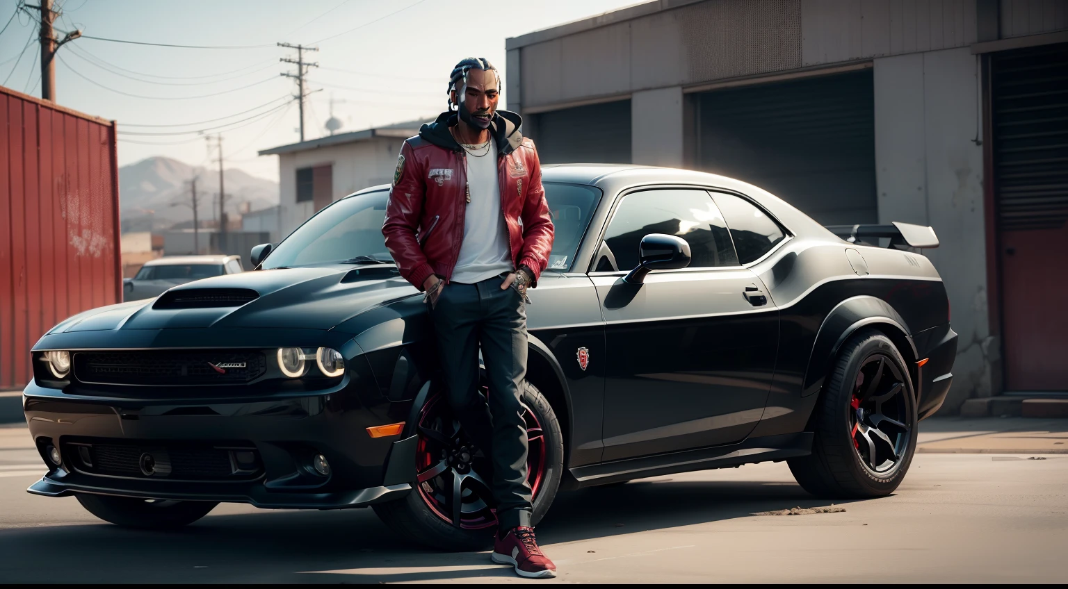 There's a man holding a gun on a wooden deck, gta personagem, Como o protagonista de GTA 5, gta v estilo, como um personagem de gtav, Kanye West em GTA v, drake em gta v, GTA5 Estilo, gta v personagem, empunhando fuzil de assalto, Snoop Dogg em GTA V, gta 5 tom de pele, Jesse Pinkman em GTA v, jaqueta vermelha,Fuzil AK-47, cenario de fundo uma favela estilo brasileira, e o personagem com cabelo vermelho,Favela no Brasil, carro preto Dodge Challenger SRT Hellcat 2019,with Ak-47 rifle in hand, rifle in hands.
