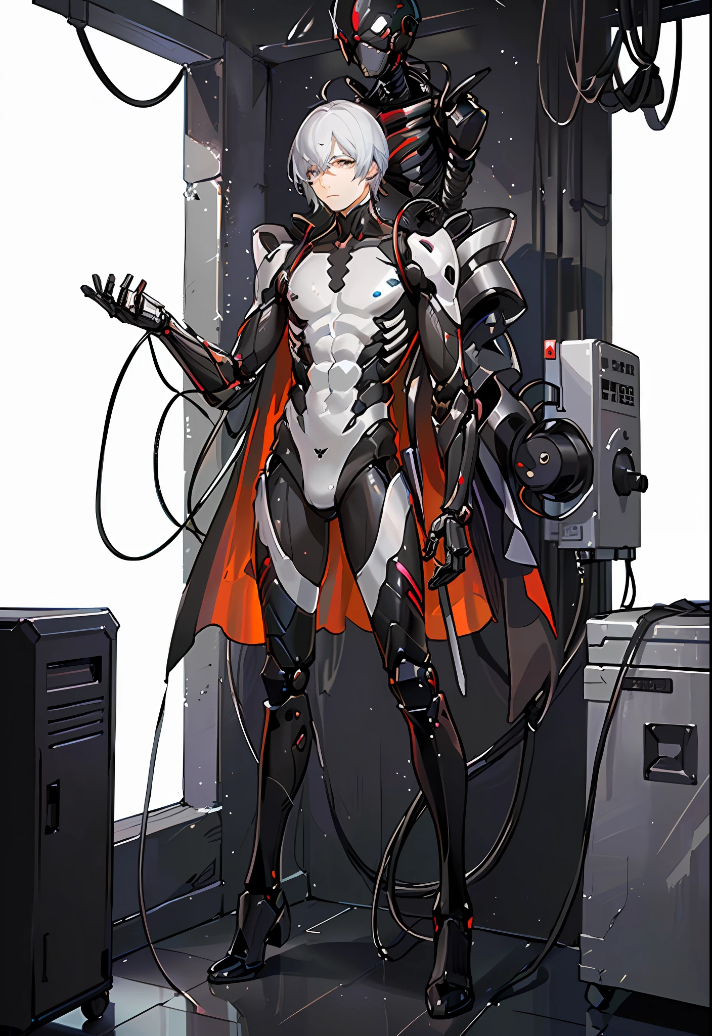Young men,1 boy,solo person,(Male),droid,white colored eyelashes,White eyes,cable wires,electrical wires,(Transparent surface and epidermis:1.5),(Mechanical vertebrae and ribs:1.3),afloat,Under the water,Float in the nutrient solution,Inside the water,Petri dish,Culture the sink,Under the water,