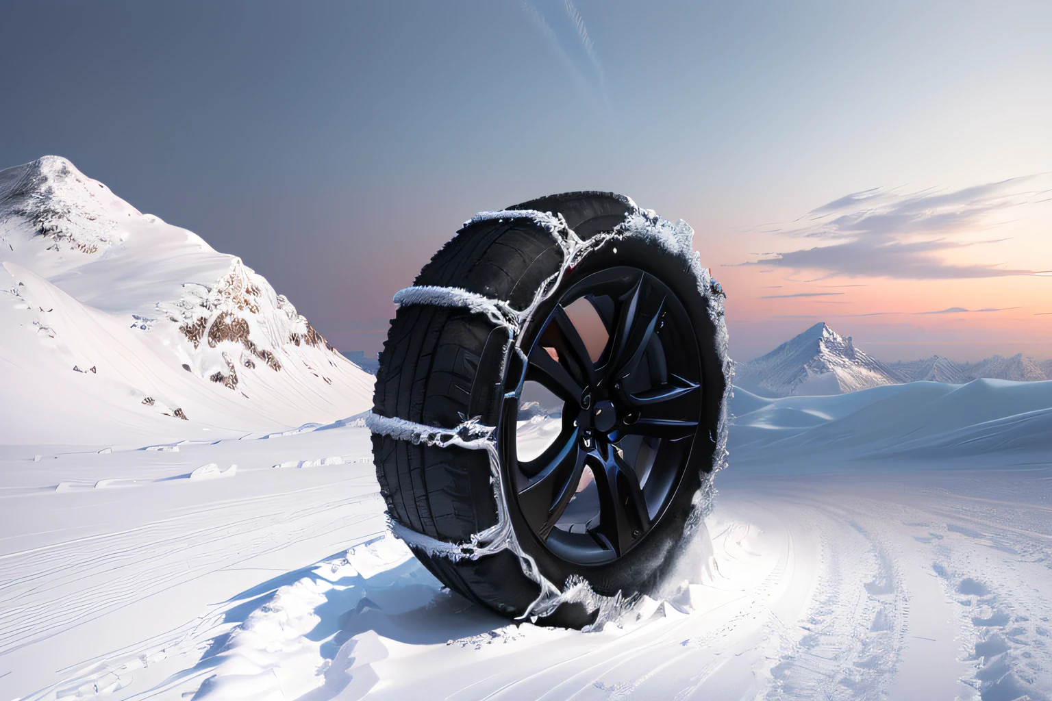 Tire diagram on a snowy mountain,Black wheels,The structure is clear and reasonable,The background is a snow mountain, 7 0 mm. Digital art, highly detailed sketch, digital sketch, vehicle concept photo!!, author:Tadeusz Pruszkówski, drawn with photoshop, detailed digital illustration, author:Konrad Křizanovsky, author:Max Svabinsky