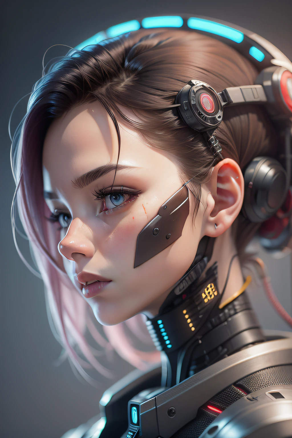 Character sheet, ultra-detailed complex 3D rendering of a beautiful porcelain profile Japanese woman android face, cyborg, robotic parts, beautiful soft studio light, rim light, vibrant details, luxurious cyberpunk, lace, hyperrealistic, anatomical, facial muscles, electrical cables, microchip, elegant, beautiful background, octane rendering, H.R. Giger style, viewing a netflix screen