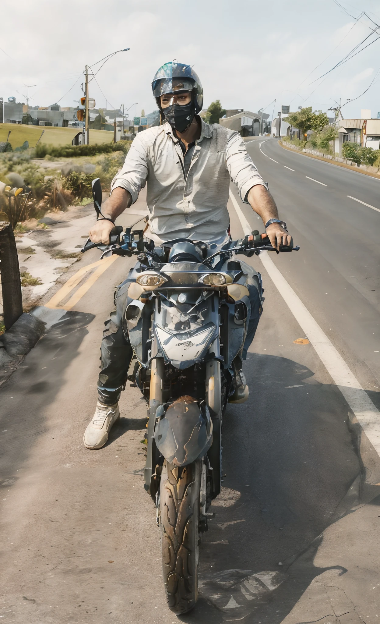 there is a man riding a motorcycle down the street wearing a mask, riding on the road, without helmet, riding a motorbike down a street, riding a motorbike, riding a motorcycle, on a road, sitting on a motorcycle, one motorbike in center of frame, sitting on cyberpunk motorbike, standing bravely on the road, front profile shot, very artistic pose, wearing helmet