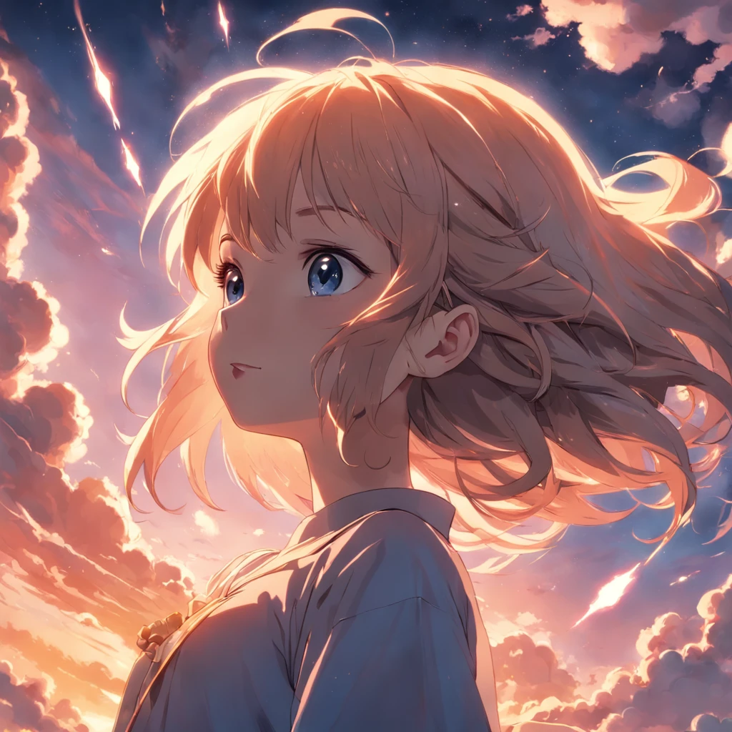 masterpiece, best quality, movie still, 1girl, cloud girl, floating in the sky, close-up, bright, happy, warm soft lighting, sunset, (sparks:0.7)