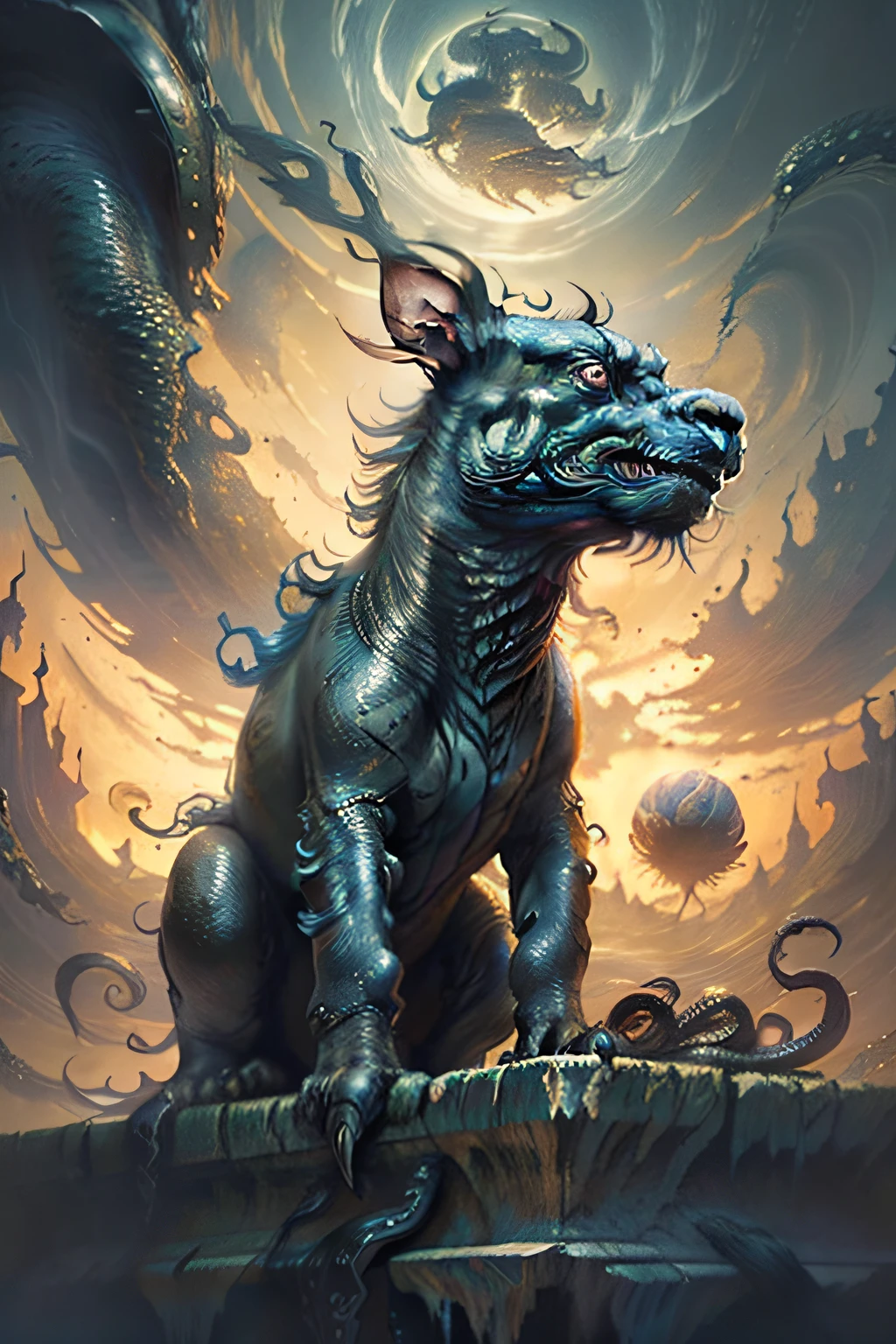 (((An evil creature,Mother of the Black Goat))),thin fog,Ominous,Cosmic horror Cthulhu stood there,Just stand there。His huge body devoured the sun's brilliance,Let his body be shrouded in deep darkness,As if it were the embodiment of darkness。His skin looks deep, Thick dark green,The irregular deep purple lines on it outline a strange and beautiful pattern。There doesn't seem to be any rule to follow these routes,But there is a peculiar symmetrical beauty in the void,It's fascinating to be amazed。 A yellow-green mist filled the surroundings like poisonous gas。。,It's good to twist everything。This mist carries the breath of death,Like a curse,It's scary。They haunt Cthulhu's body like ghosts,Adding a layer of mystery to the whole scene。Cthulhu's figure looms in this eerie fog,It seems scary in a dark dream。 His countless twisted tentacles were like hellish snakes,Dance wildly in the void。They are freely scalable,Full of evil forces。These tentacles keep opening,Prepare to take all life into the abyss,Plunge the world into eternal darkness。They cut through the eerie curves left by the void,Make the reality around you appear distorted and distorted。 Cthulhu's head was huge and terrifying,The eyes are like an endless abyss。When you look at them,You will feel a feeling of being devoured,It's as if your soul is bound to it。They shine with the light of evil,Exudes an indescribable fear。It's a magical portal,It is a reflection of the endless abyss,Flashing with a terrifying and eerie light,Gaze at humanity's ultimate fear。His mouth glowed blood-red。,As if calling for death and destruction。His face was covered with twisted tentacles and eerie patterns,It reveals endless malice and evil。 Cthulhu stood there,His presence is chilling。He is accompanied by a strong aura of evil,Fill the air around you,Suffocating。His body exudes darkness and death,As if incarnated from the abyss。