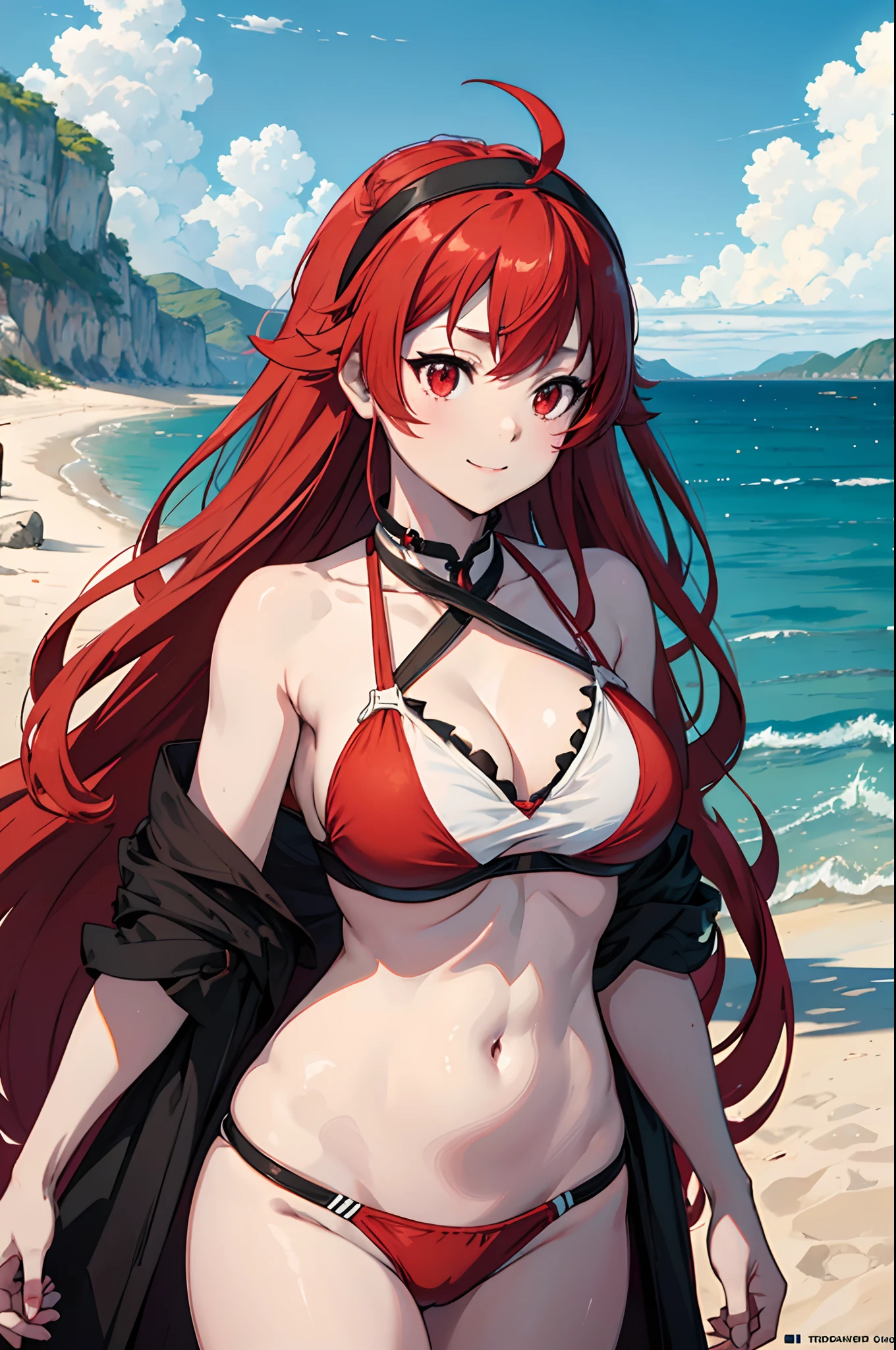 upper body, 1girl, Eris Greyrat, red hair, red eyes, ahoge, hairband, (bikini, white bekini), outdoor, beach, clouds, sea, water, smile, close mouth, masterpiece, high detailed illustration, high detailed background, hi-res