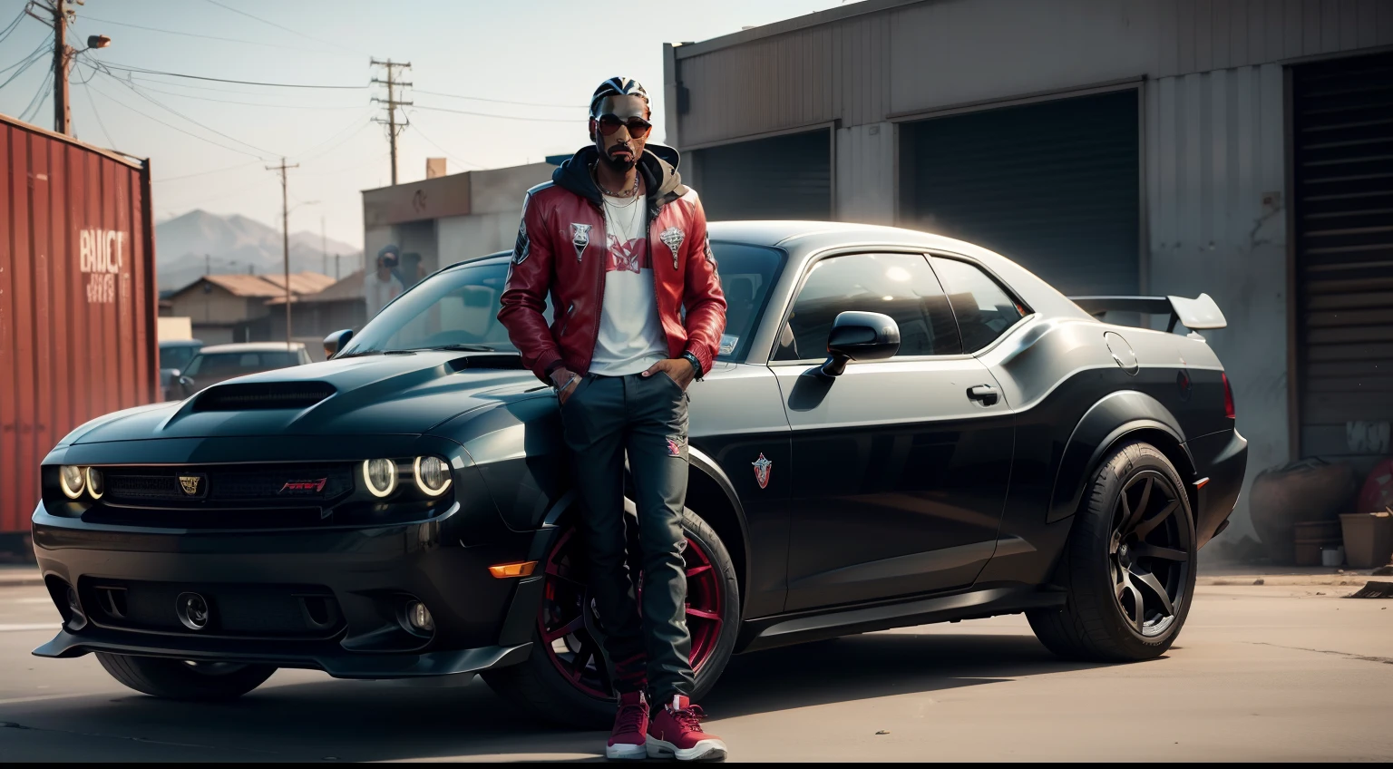 There's a man holding a gun on a wooden deck, gta personagem, Como o protagonista de GTA 5, gta v estilo, como um personagem de gtav, Kanye West em GTA v, drake em gta v, Estilo GTA5, gta v personagem, empunhando fuzil de assalto, Snoop Dogg em GTA V, gta 5 tom de pele, Jesse Pinkman em GTA v, jaqueta vermelha,Fuzil AK-47, cenario de fundo uma favela estilo brasileira, e o personagem com cabelo vermelho,Favela no Brasil, carro preto Dodge Challenger SRT Hellcat 2019,with Ak-47 rifle in hand, rifle in hands.