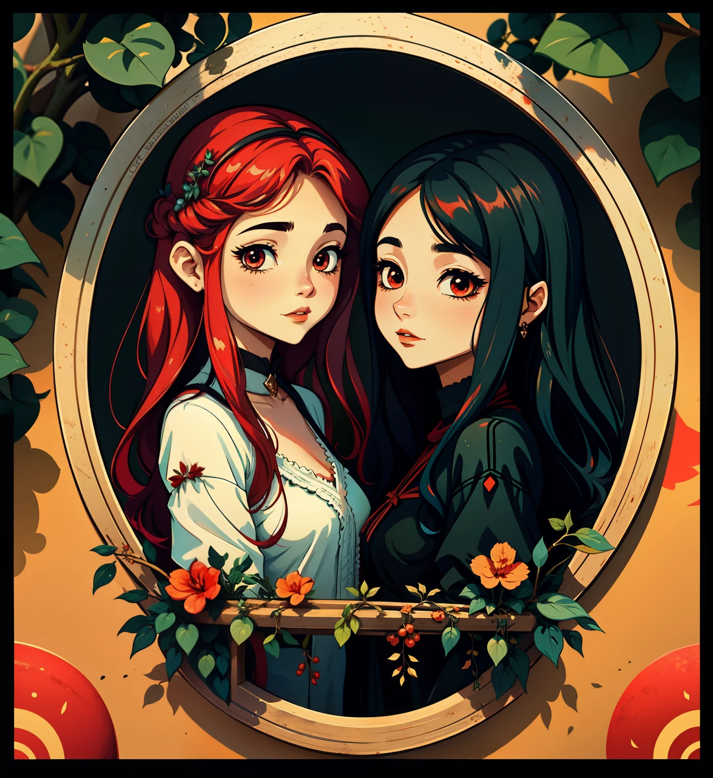 adesivo, fundo simples, portrait, 2 girls, couple, girl with long hair, beautiful lilith girl, lilith aesthetic, beautiful girl, very beautiful fantasy art, beautiful and elegant female lilith, beautiful detailed fantasy, black and red color palate, black color-theme