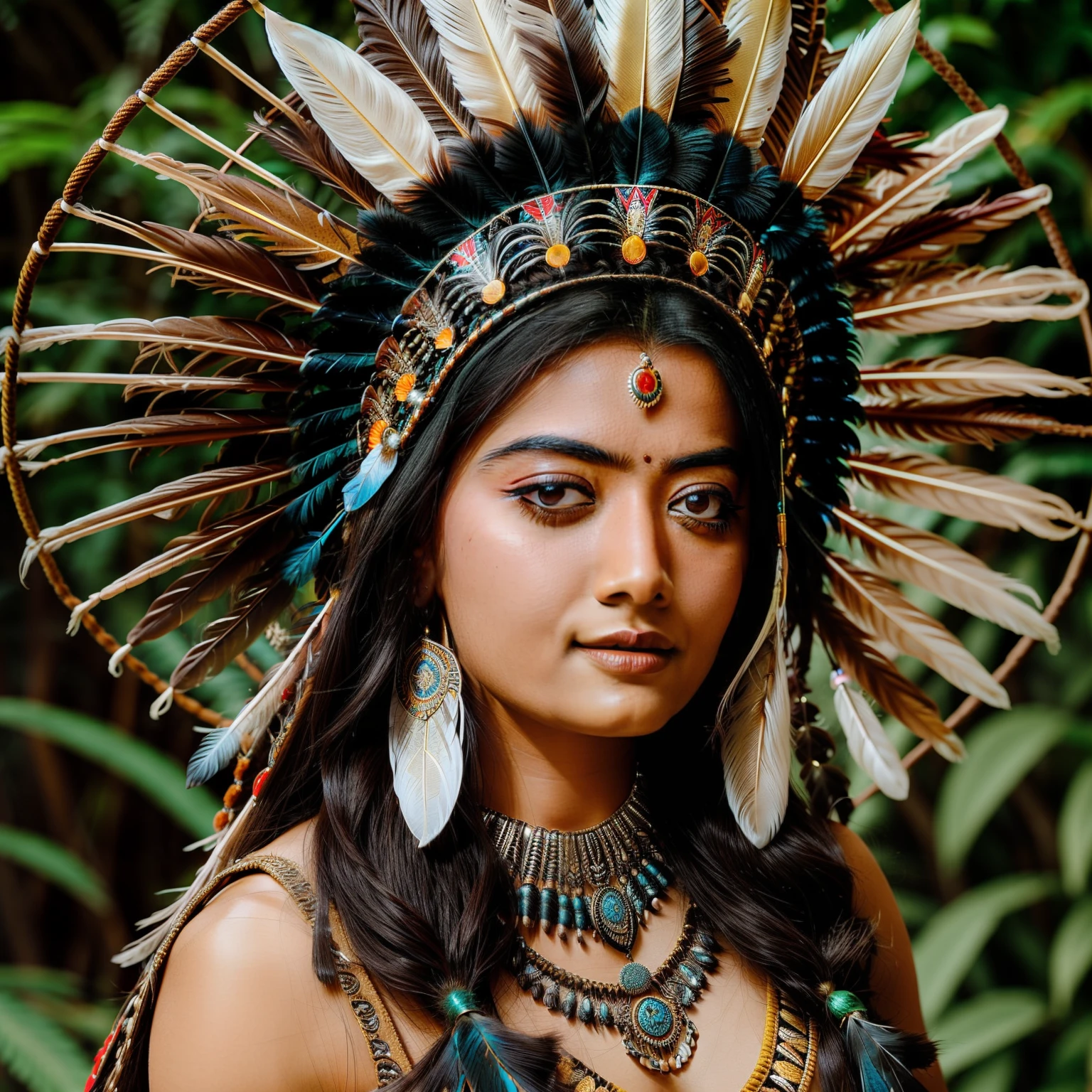 Rashmika wearing a feather headdress and a feather mask, she is dressed in shaman clothes, elaborate costume, feathered headdress, headdress, ornate headdress, centered headdress, native american, aztec princess portrait, beautiful costume, indian warrior, native american warrior, american indian headdress, : native american shamen fantasy, wearing crown of bright feathers