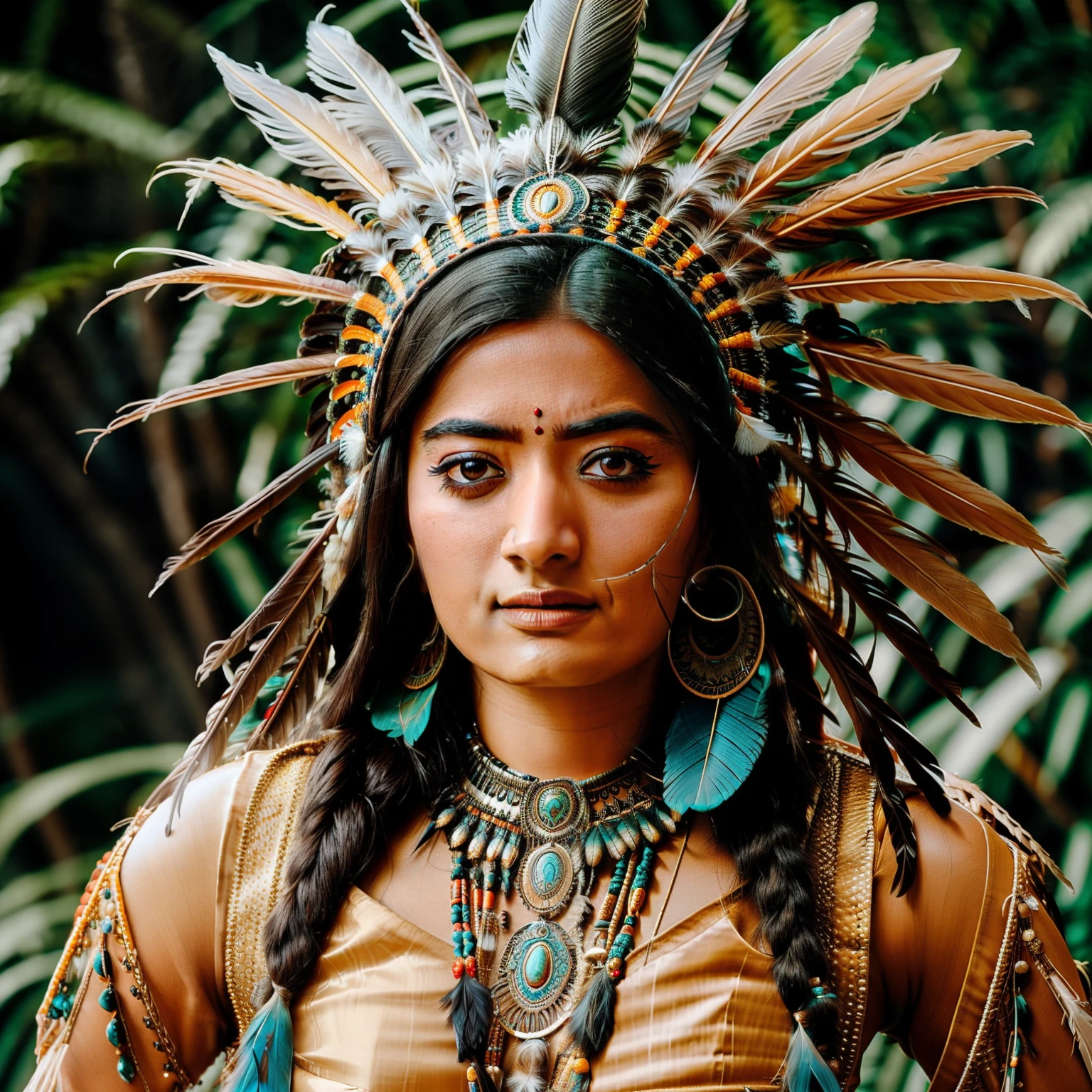 Rashmika wearing a feather headdress and a feather mask, she is dressed in shaman clothes, elaborate costume, feathered headdress, headdress, ornate headdress, centered headdress, native american, aztec princess portrait, beautiful costume, indian warrior, native american warrior, american indian headdress, : native american shamen fantasy, wearing crown of bright feathers