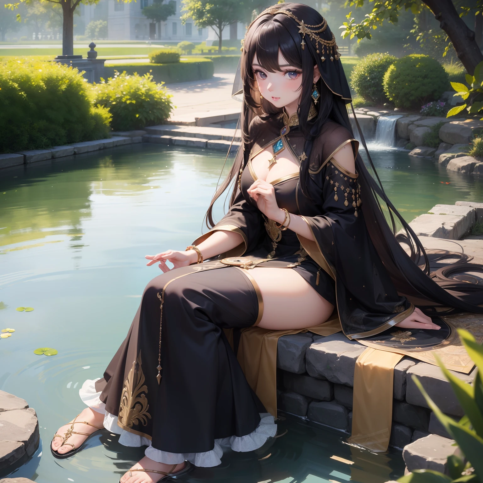 Fine, ((Masterpiece, 8K, Best Quality, Ultra Realistic)), 1Girl, Long Hair (Dark Colour), Beautiful Face (Sparkle Eyes), Sit Beside The Fish Pond, Wearing beutiful Dress With Jewellery (Hihg Details), Cold Face.