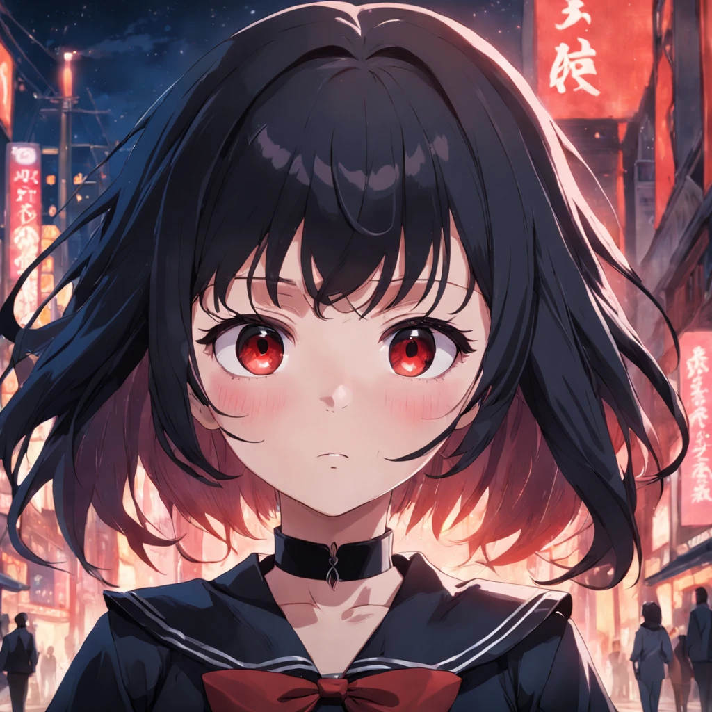 A girl wears a black sailor suit and black silk,The face is reddish