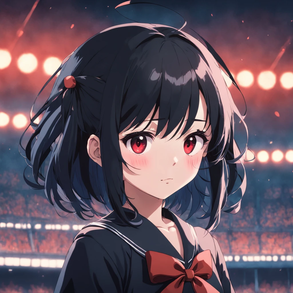 A girl wears a black sailor suit and black silk,The face is reddish