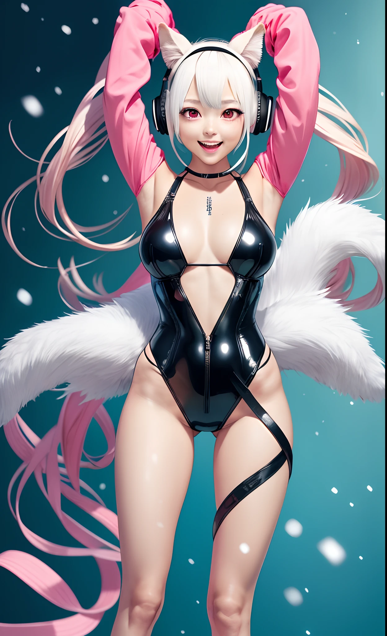 rr (RAW photo, best quality, masterpiece:1.2), (realistic, photo-realistic:1.4),(masterpiece:1.4),(best quality:1.4),1girl, solo, :d, animal ear headphones, animal ears, arms up, bangs, blush, bodysuit, breasts, bunny pose, clothes writing, covered navel, cowboy shot, cropped jacket, fake animal ears, gloves, outdoor,morning,snow, hair intakes, headphones, impossible bodysuit, impossible clothes, jacket, large breasts, latex, latex bodysuit, long hair, long sleeves, looking at viewer, large breasts, multicolored gloves, open mouth, pink bodysuit, pink eyes, red eyes, red jacket, shiny clothes, shrug \(clothing\), sidelocks, skin tight, smile, thigh gap, thighs, twintails, very long hair, white gloves, white hair,alice \(nikke\),(shiny skin),realistic,