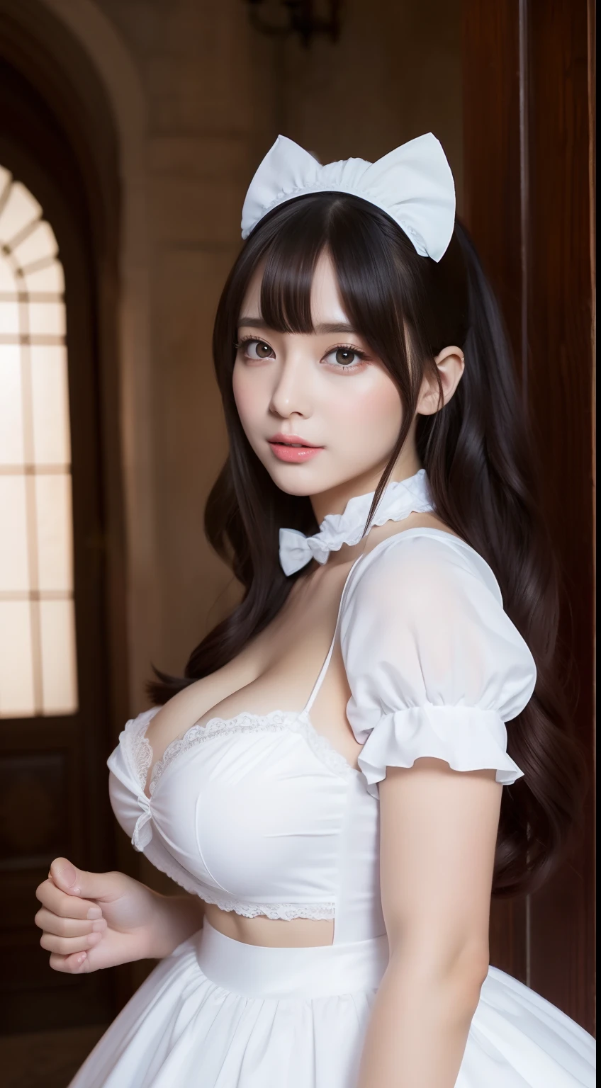 Huge breasts, beautiful girl maid costume, make your look bold, inside the castle, legline beauty, staring at the camera, best quality HD